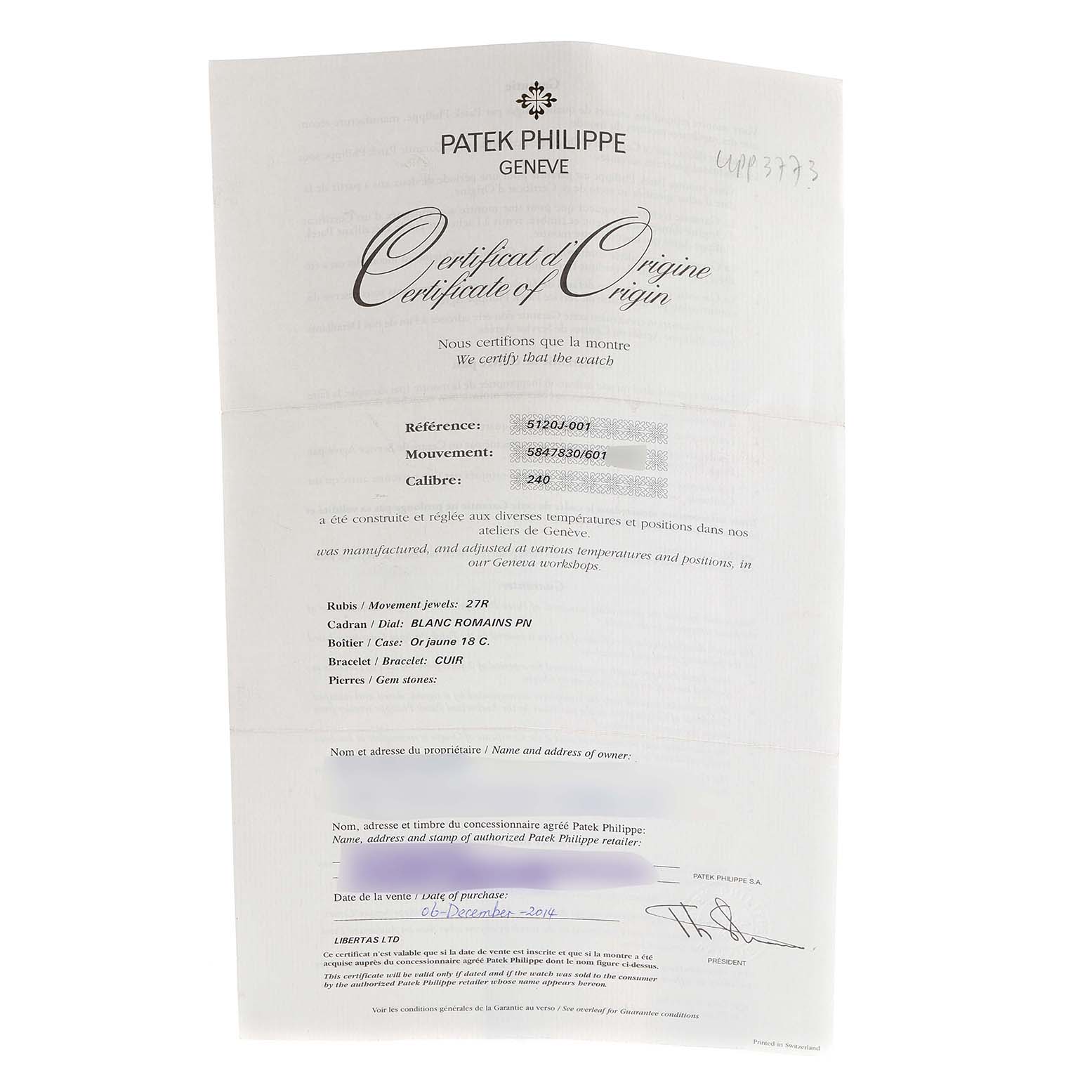 This image shows the certificate of origin for a Patek Philippe Calatrava 5120J Men
s Yellow Gold White Dial 5120J Men
s Yellow Gold White Dial watch.