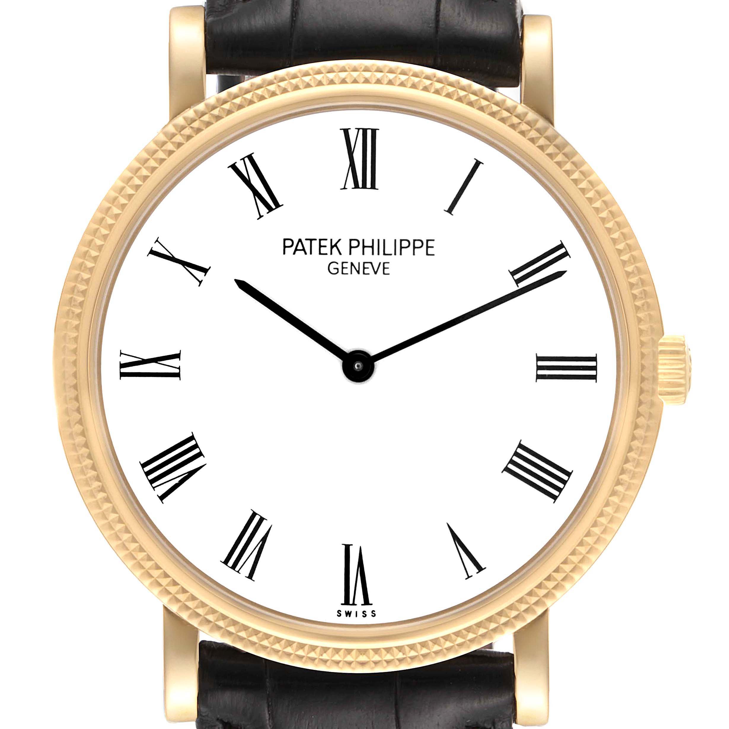This image shows a frontal view of the Patek Philippe Calatrava 5120J Men
s Yellow Gold White Dial 5120J Men
s Yellow Gold White Dial watch, highlighting its face, bezel, and part of the strap.