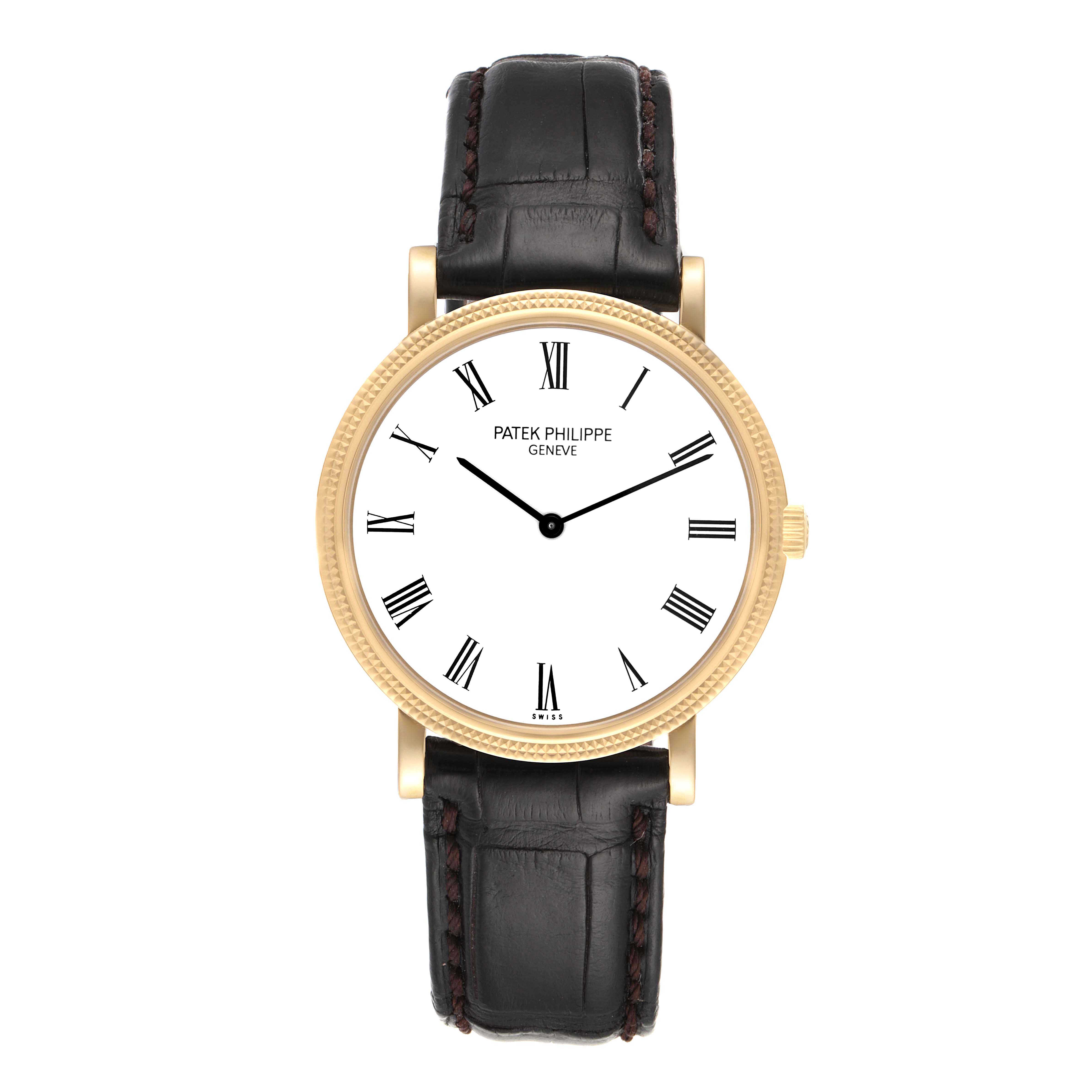 The image shows a frontal view of a Patek Philippe Calatrava 5120J Men
s Yellow Gold White Dial 5120J Men
s Yellow Gold White Dial watch with a gold bezel and black leather strap.