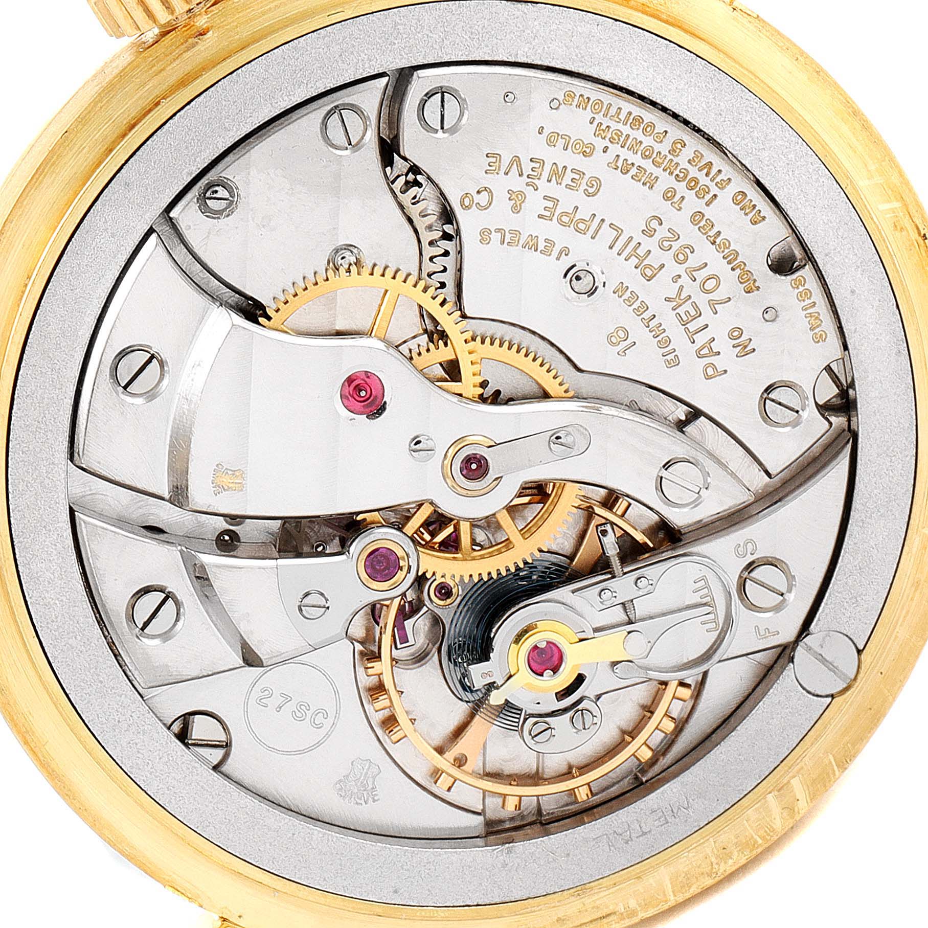 The image shows the intricate mechanical movement of the Vintage Patek Philippe watch, viewed from the back.