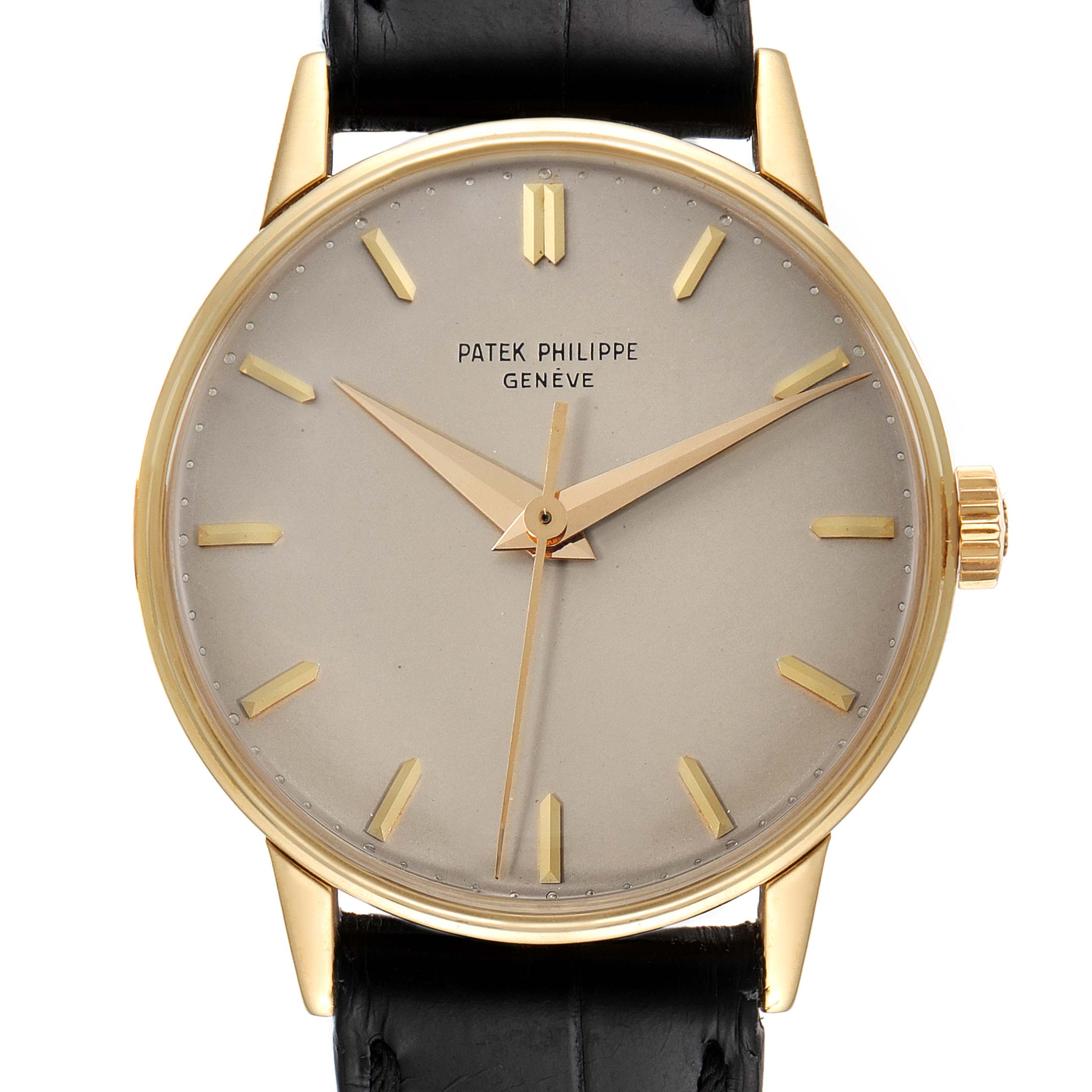 The image shows a frontal view of a Patek Philippe Calatrava 3411 Men's Yellow Gold Silver Dial 3411 Men's Yellow Gold Silver Dial watch, displaying its dial, hands, indices, case, crown, and strap.