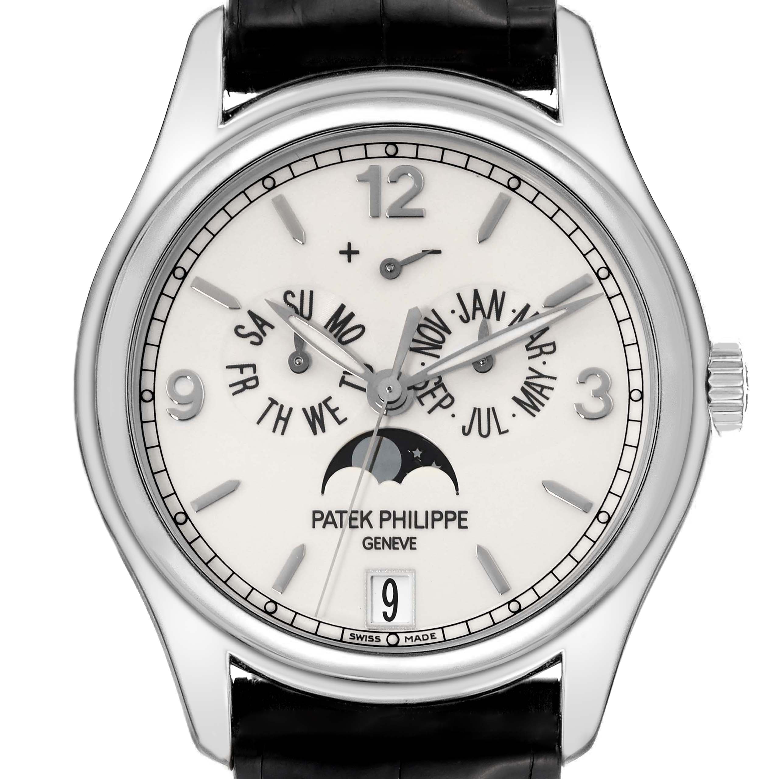The image shows a front view of a Patek Philippe Complications 5146G-001 Men's White Gold Beige Dial 5146G-001 Men's White Gold Beige Dial model watch displaying the dial with calendar and moon phase features.