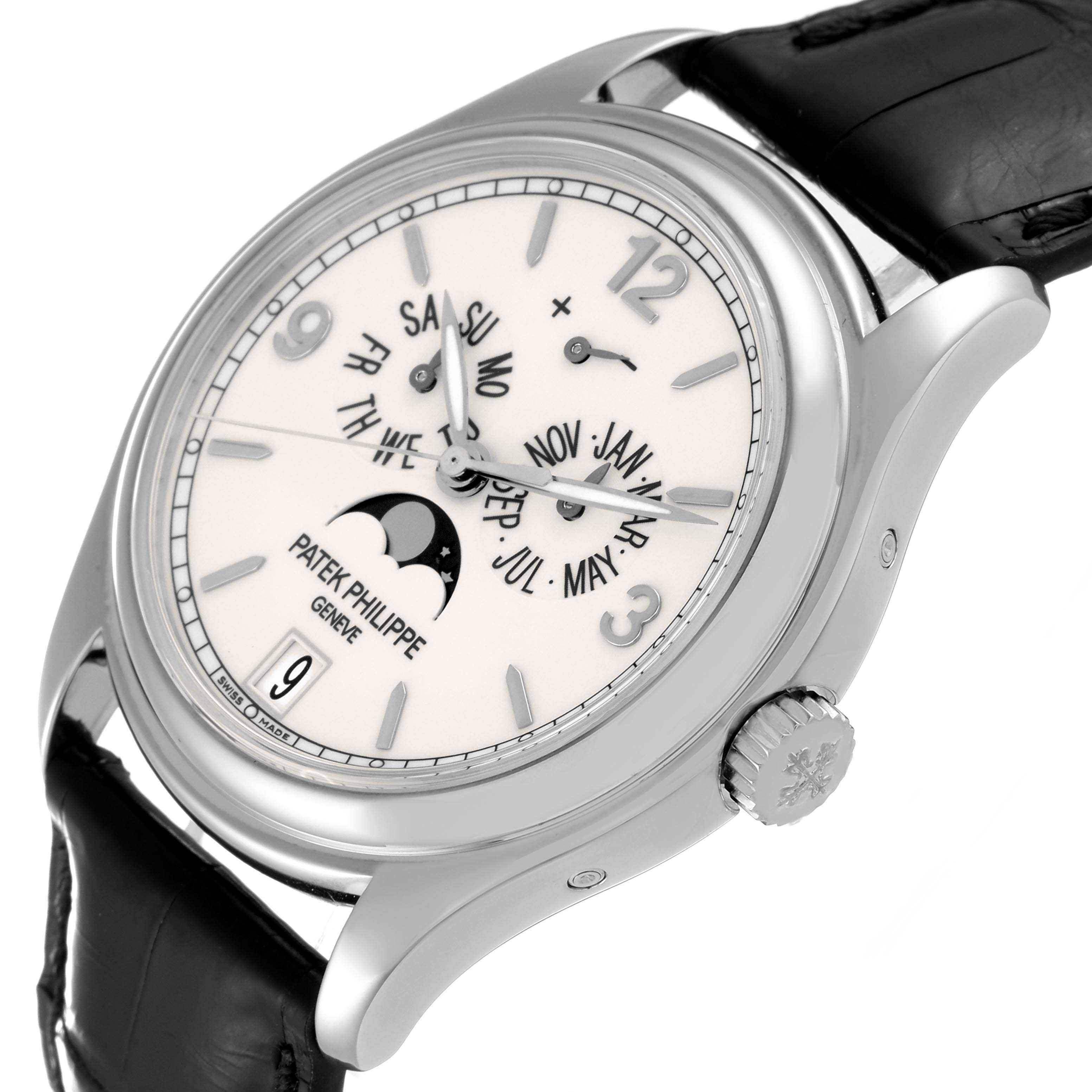 The Patek Philippe Complications 5146G-001 Men's White Gold Beige Dial 5146G-001 Men's White Gold Beige Dial watch is shown at a slight angle, displaying the face, crown, and part of the strap.