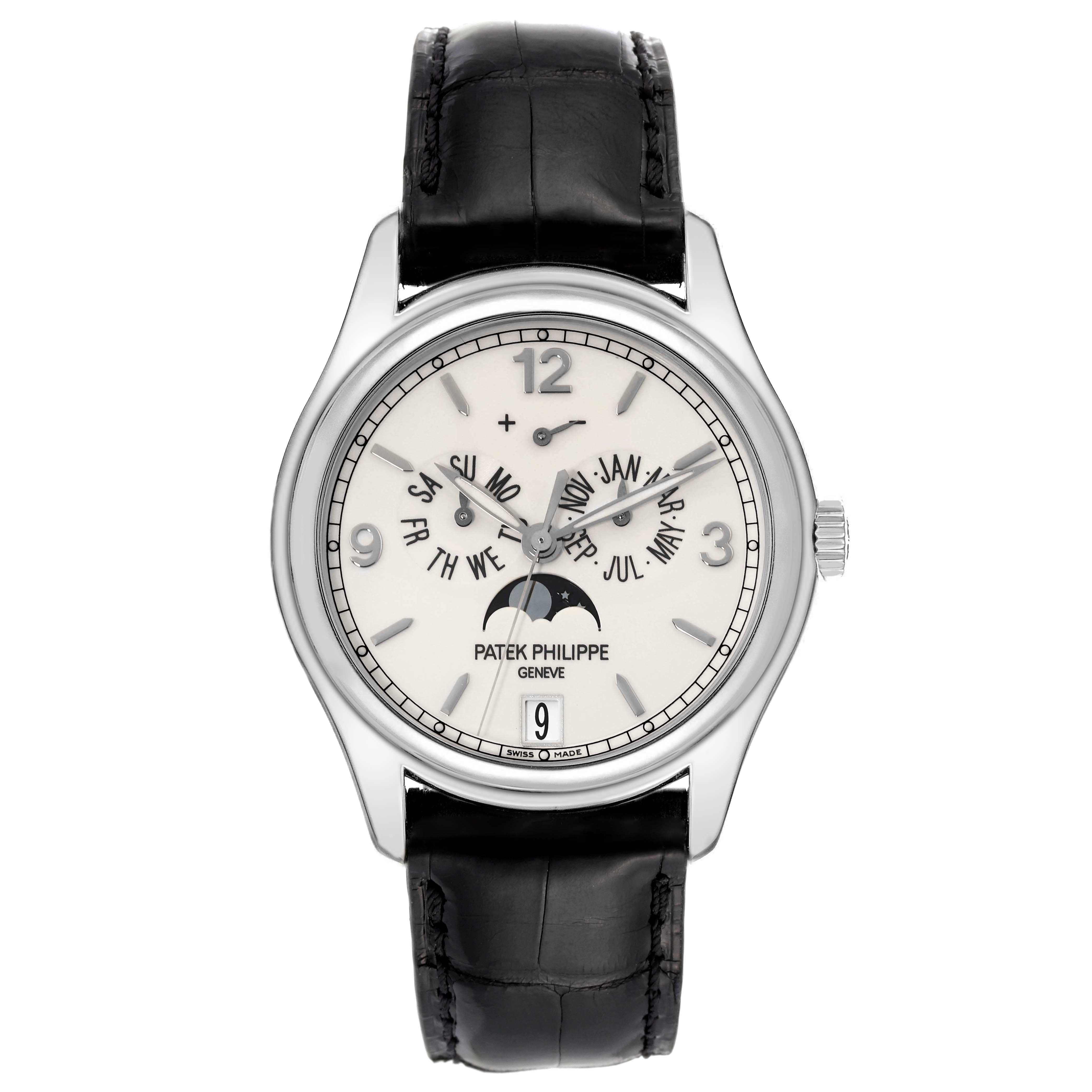 This image shows a front view of a Patek Philippe Complications 5146G-001 Men's White Gold Beige Dial 5146G-001 Men's White Gold Beige Dial model watch, highlighting the dial, case, and leather strap.