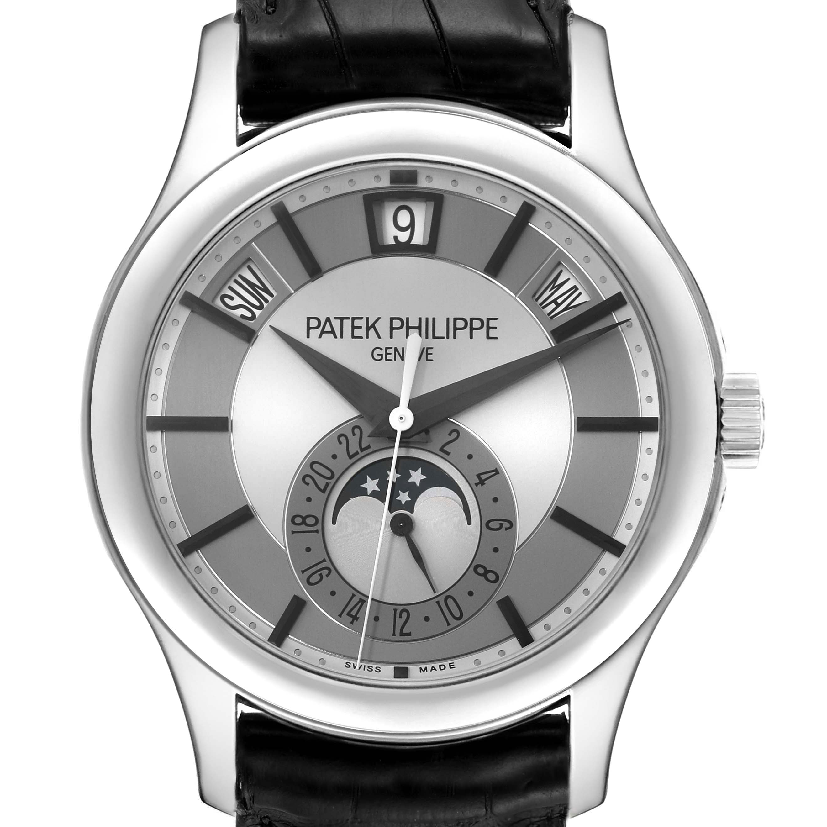 The image shows a front view of the Patek Philippe Complications 5205G-001 Men's White Gold Silver Dial 5205G-001 Men's White Gold Silver Dial model watch, displaying its dial, hands, and calendar complications.