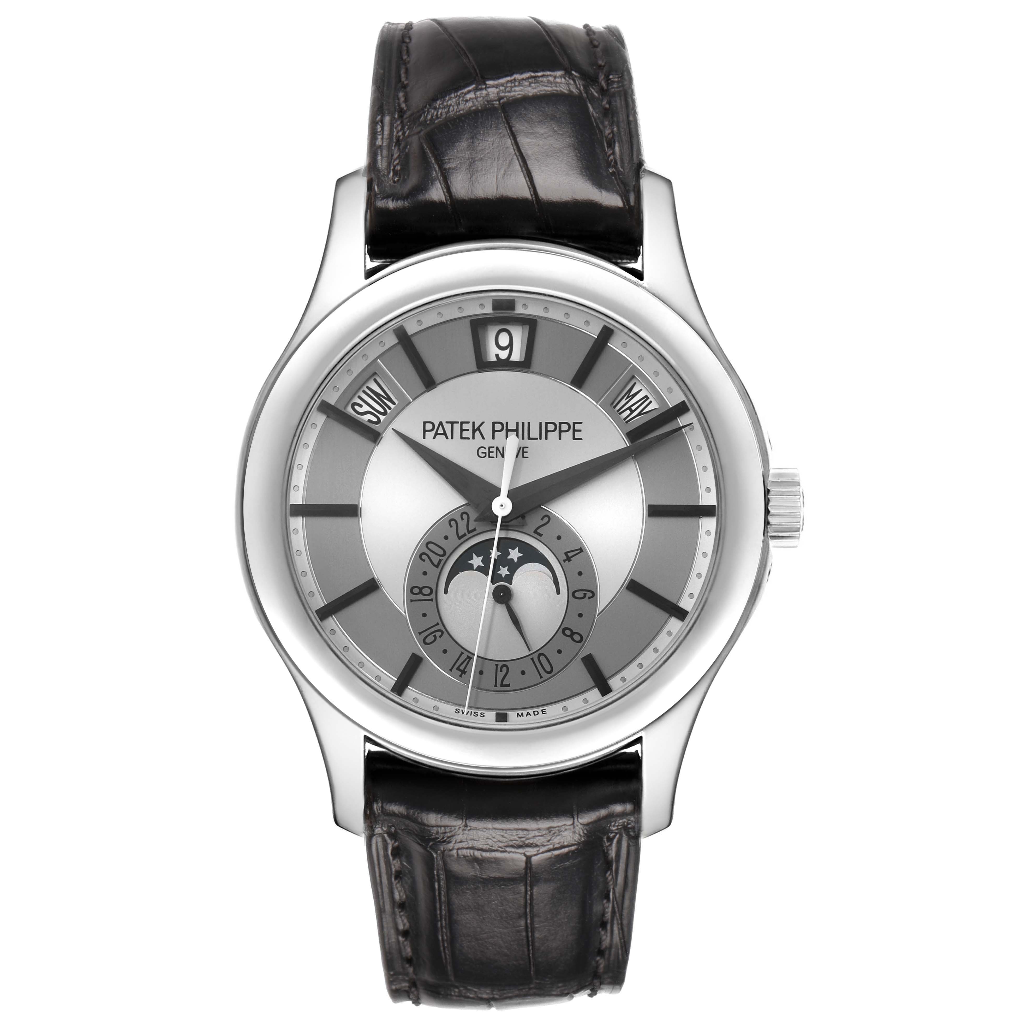 The Patek Philippe Complications 5205G-001 Men's White Gold Silver Dial watch is shown from the front, displaying its dial, hands, and leather strap.