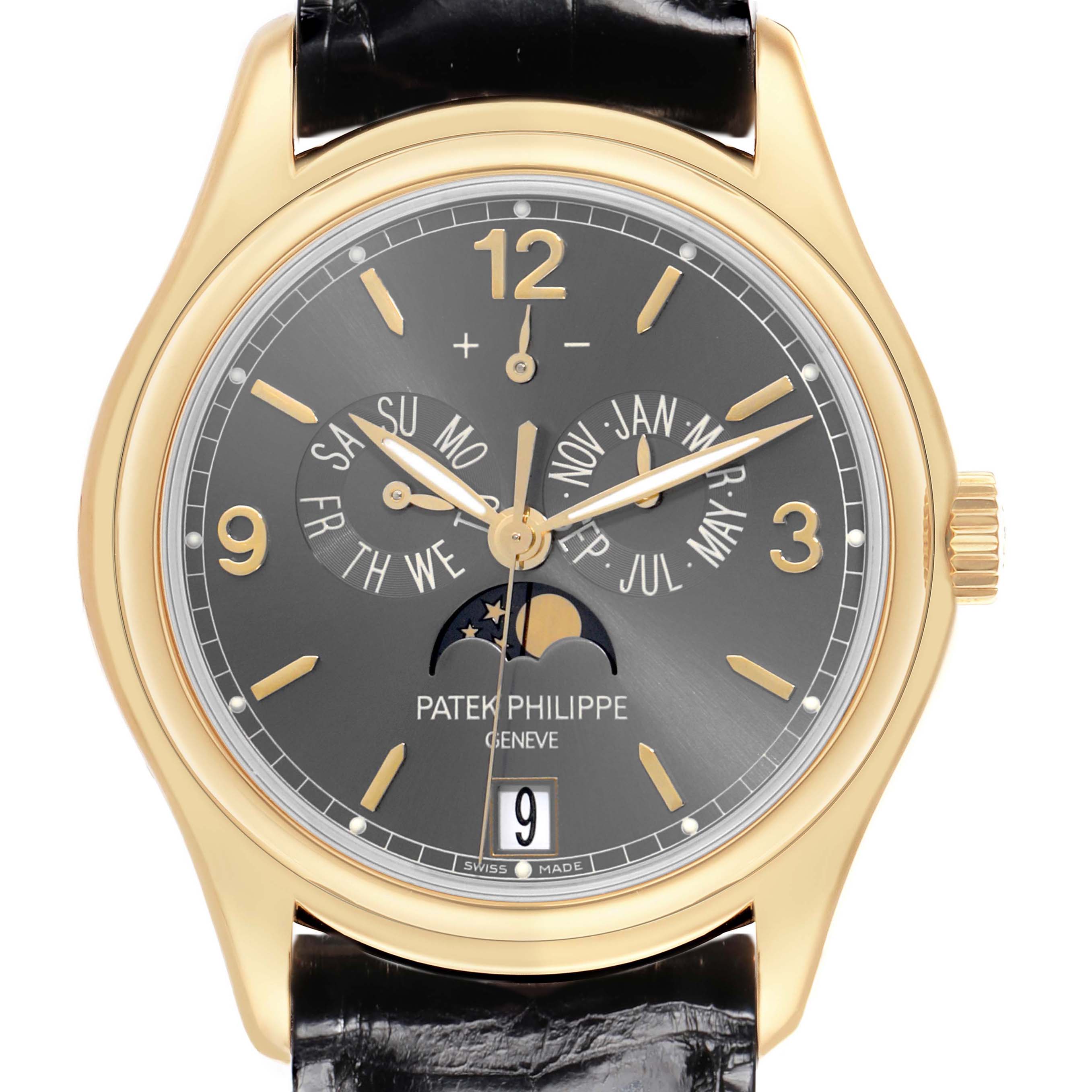 The Patek Philippe Complications 5146J-010 Men's Yellow Gold Grey Dial watch is shown from the front, showcasing the dial, hands, subdials, and moon phase.