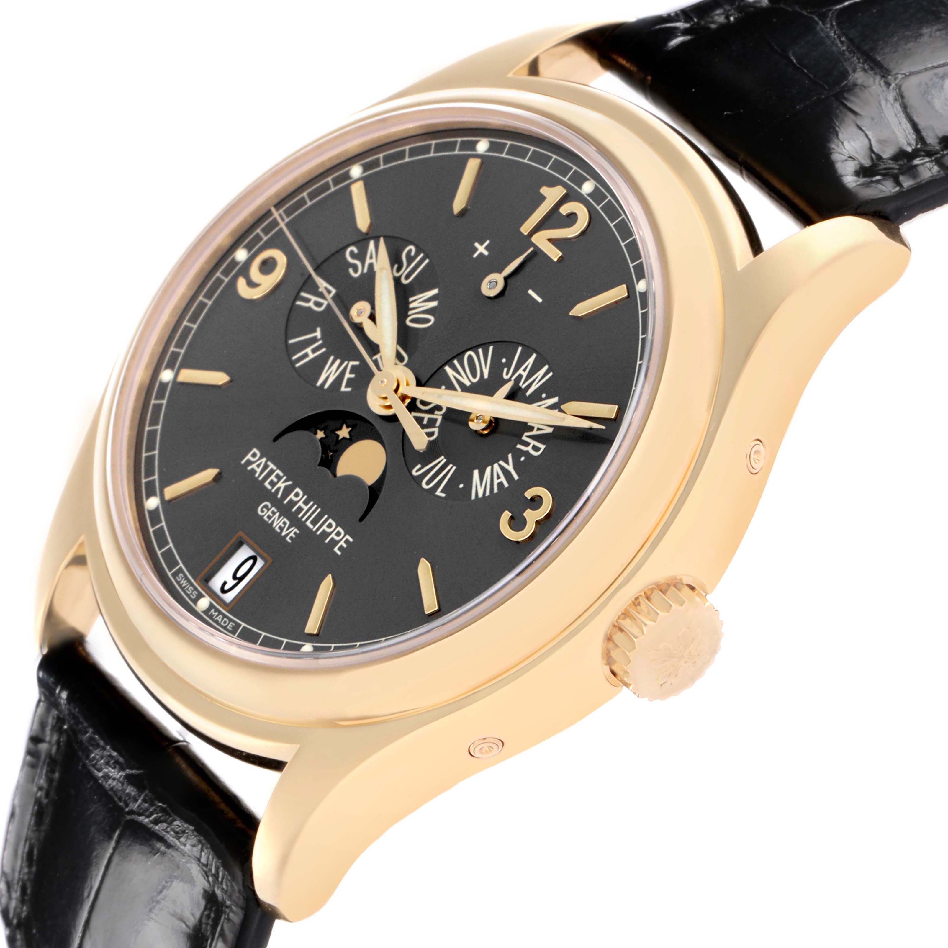 The Patek Philippe Complications 5146J-010 Men's Yellow Gold Grey Dial watch is shown at a three-quarter angle, highlighting the face, crown, and strap beginning.