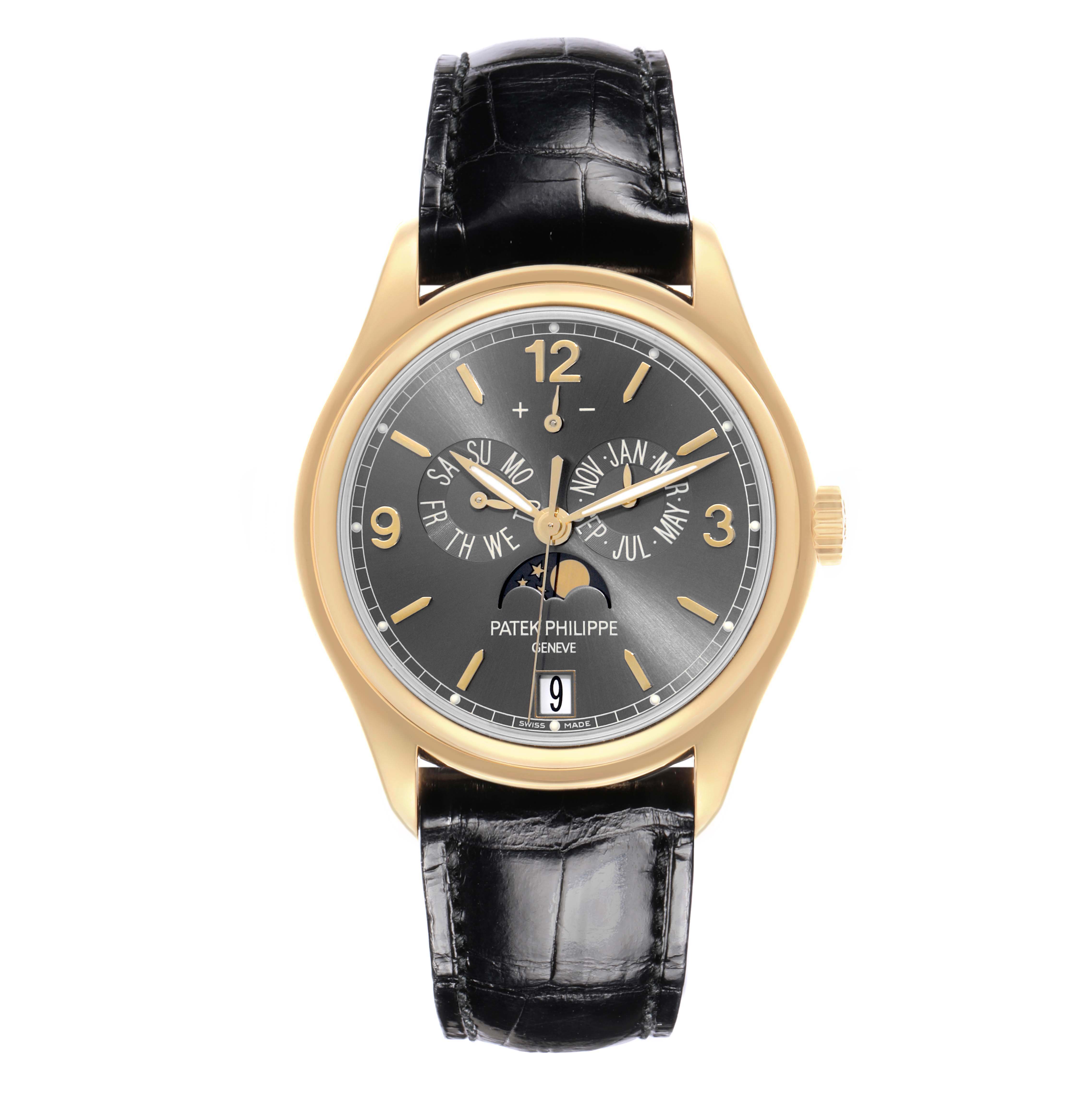 The Patek Philippe Complications 5146J-010 Men's Yellow Gold Grey Dial watch is shown from a front angle, displaying its face, bezel, and black leather strap.