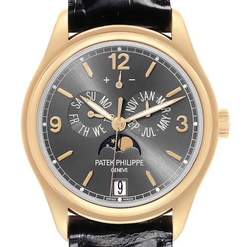 The Patek Philippe Complications 5146J-010 Men's Yellow Gold Grey Dial watch is shown from a front angle, displaying its face, hands, and month/day subdials.