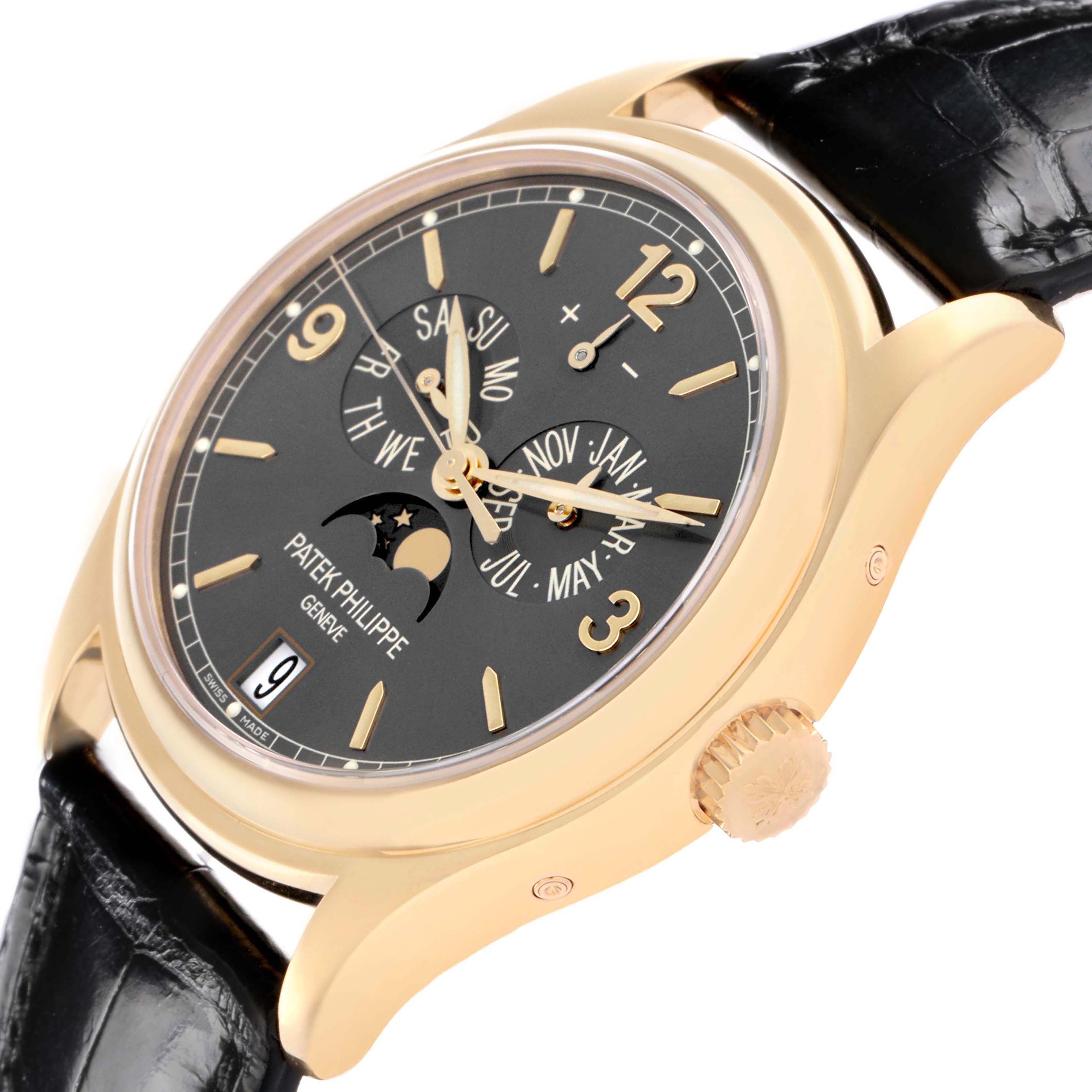 The Patek Philippe Complications 5146J-010 Men's Yellow Gold Grey Dial watch is shown from a side angle, displaying the case, crown, and part of the strap.