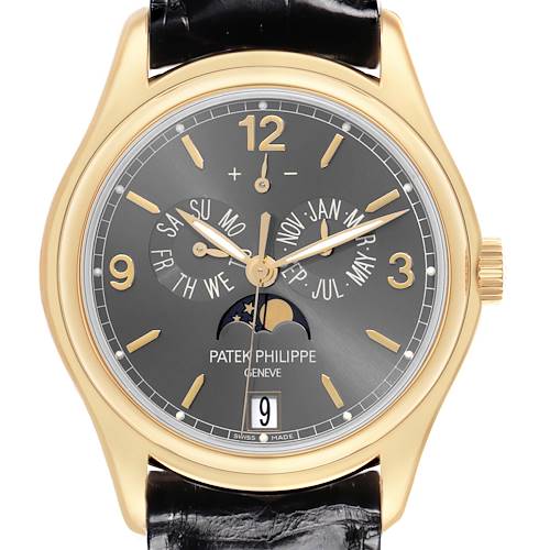 The Patek Philippe Complications 5146J-010 Men's Yellow Gold Grey Dial watch is shown from a front angle, highlighting the dial, subdials, and moon phase.