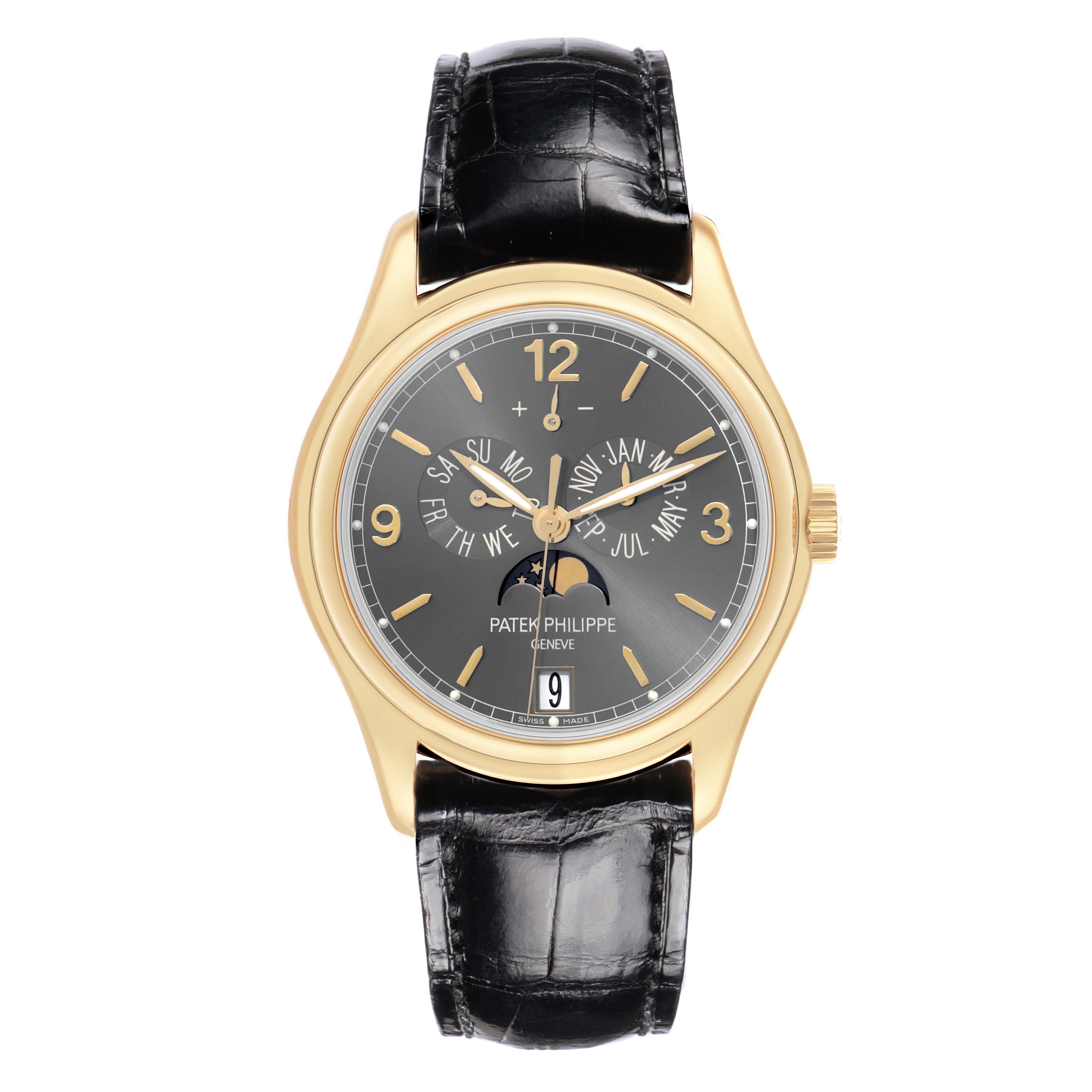 The Patek Philippe Complications 5146J-010 Men's Yellow Gold Grey Dial watch is shown from the front, displaying the dial, case, and strap.