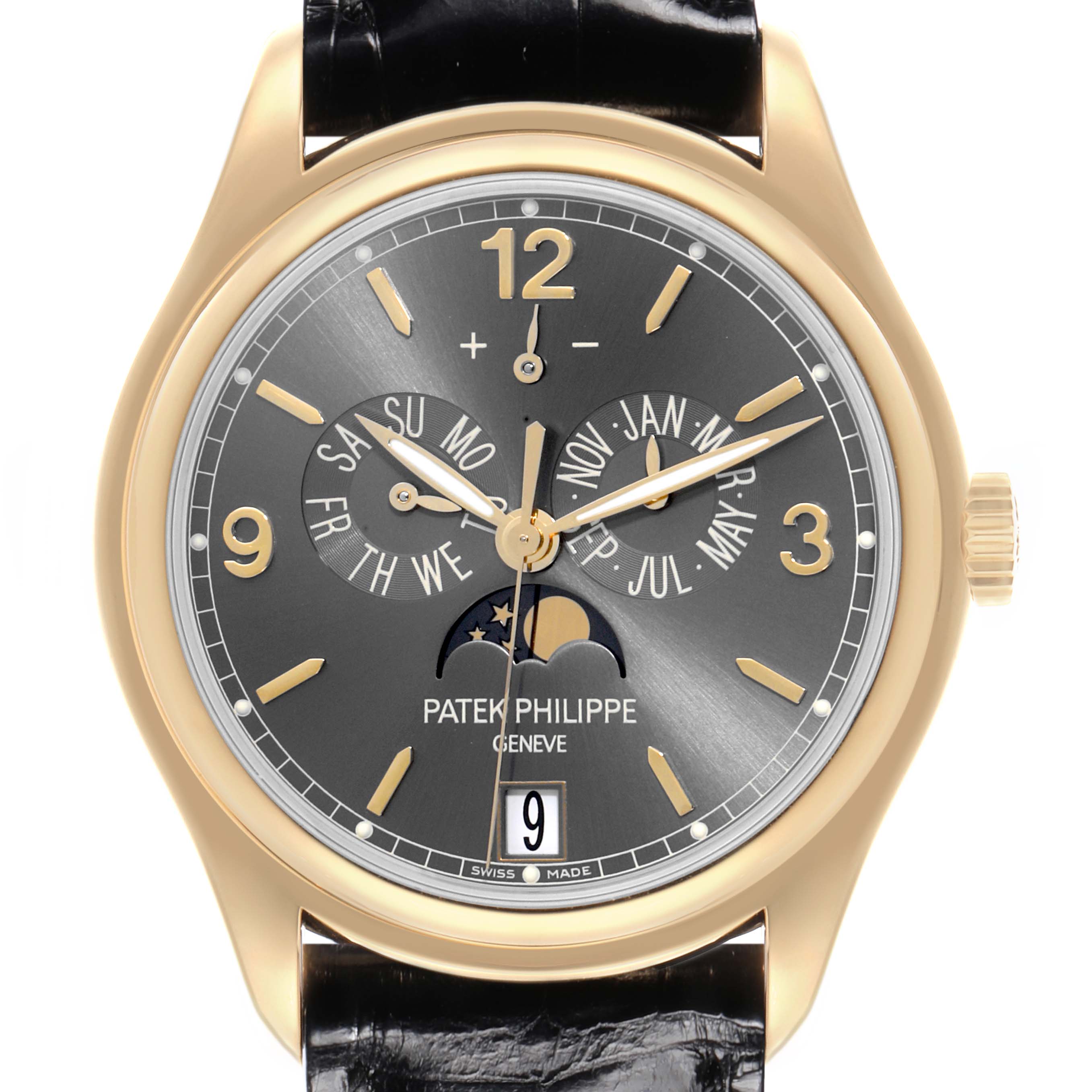 The Patek Philippe Complications 5146J-010 Men's Yellow Gold Grey Dial 5146J-010 Men's Yellow Gold Grey Dial watch is shown from the front, highlighting its dials and complications, with a leather strap visible.