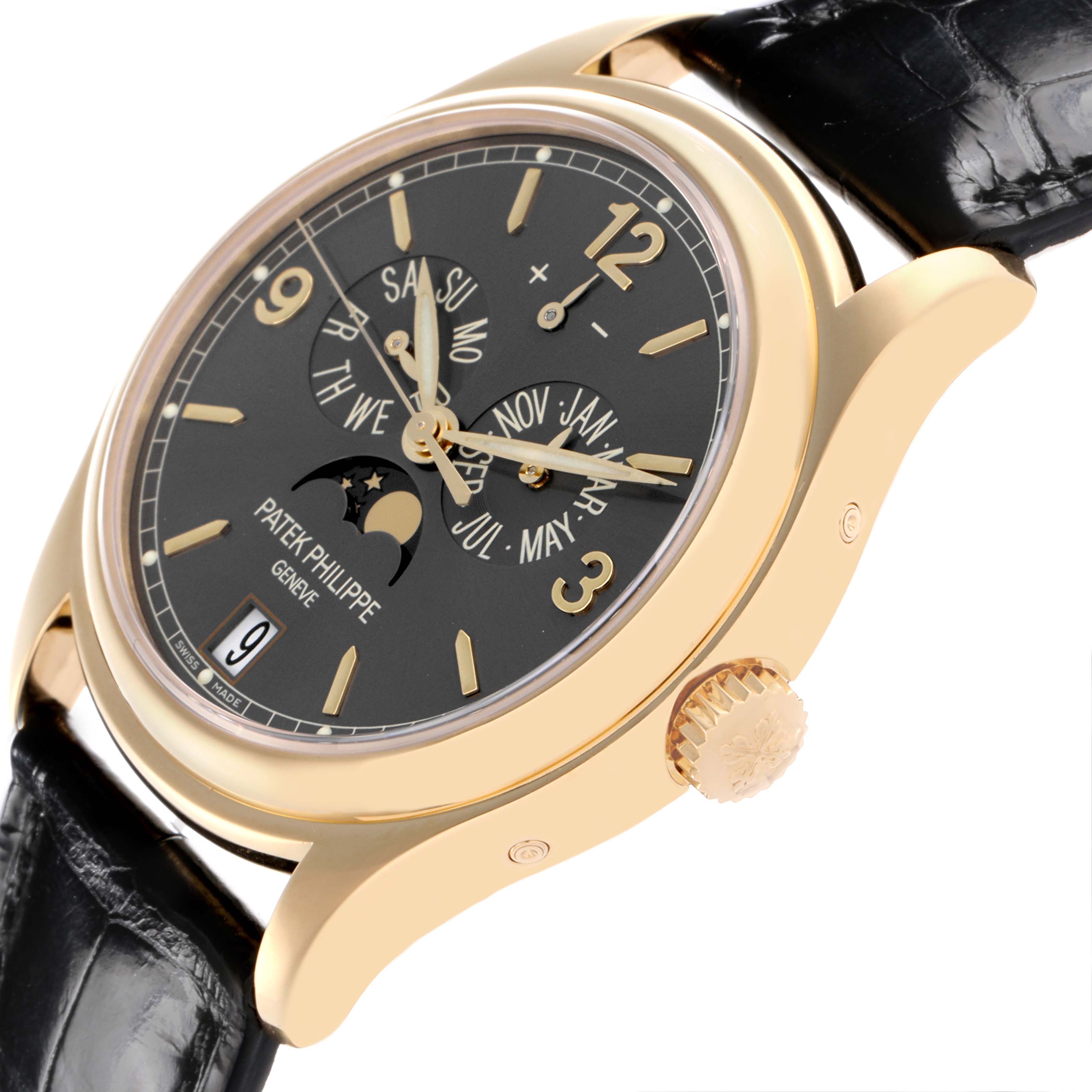 The Patek Philippe Complications 5146J-010 Men's Yellow Gold Grey Dial 5146J-010 Men's Yellow Gold Grey Dial watch is shown at a slight angle, displaying its face, crown, and a portion of the strap.