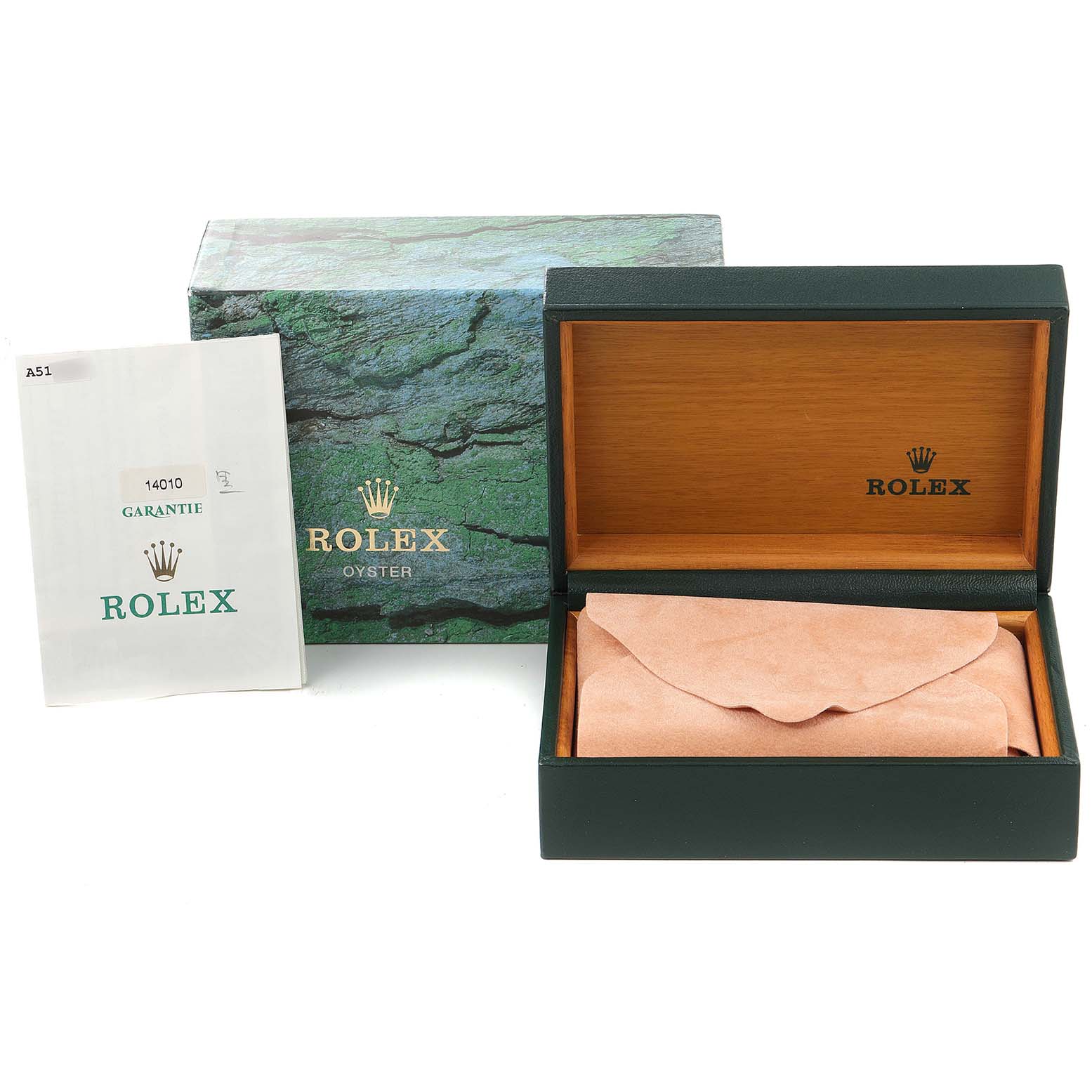 This image shows a Rolex Air-King 14010 Men's Stainless Steel Black Dial 14010 Men's Stainless Steel Black Dial watch box, warranty booklet, and inner case, photographed from a front angle.