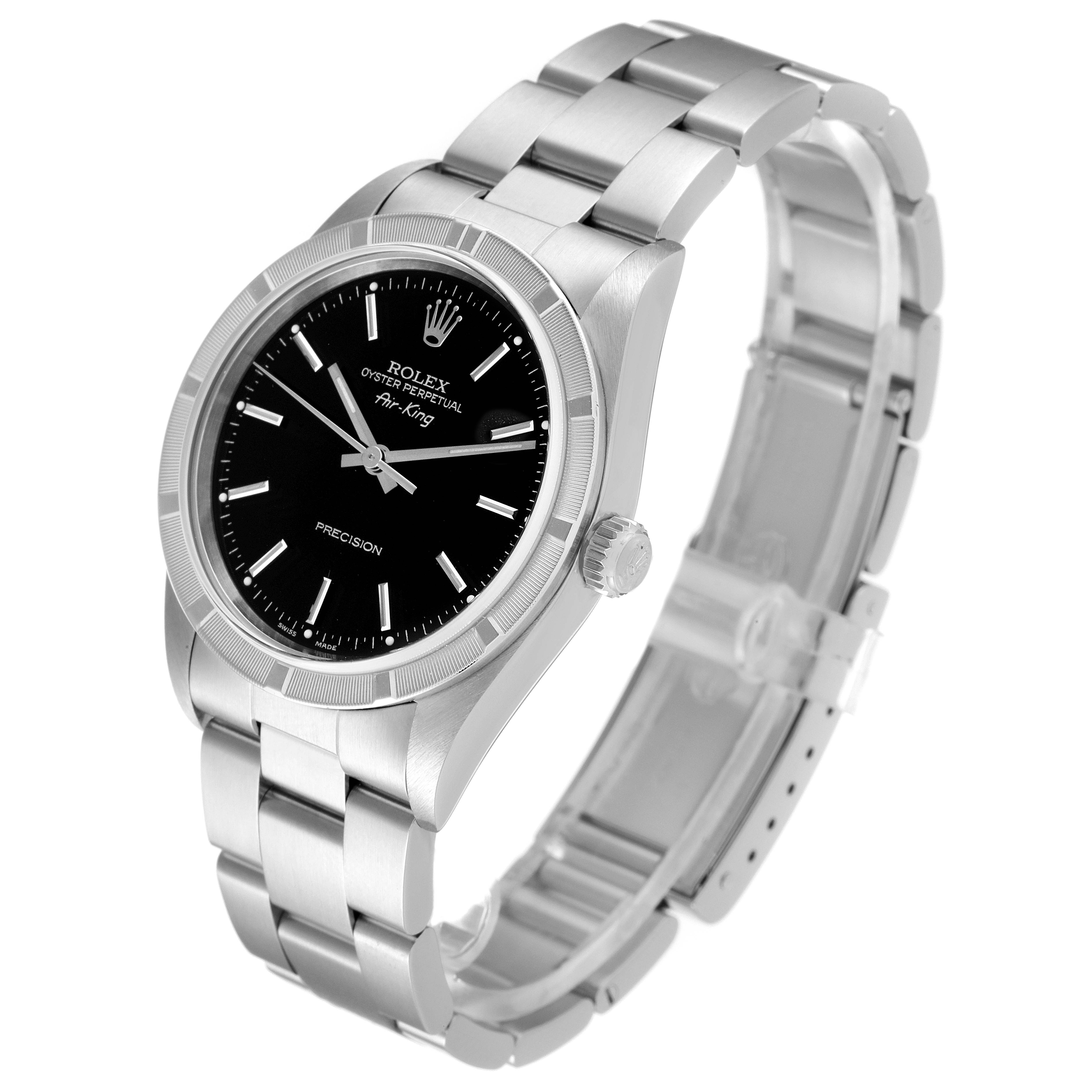 The Rolex Air-King 14010 Men's Stainless Steel Black Dial 14010 Men's Stainless Steel Black Dial watch is displayed at a slight angle, showing the dial, bezel, bracelet, and crown.