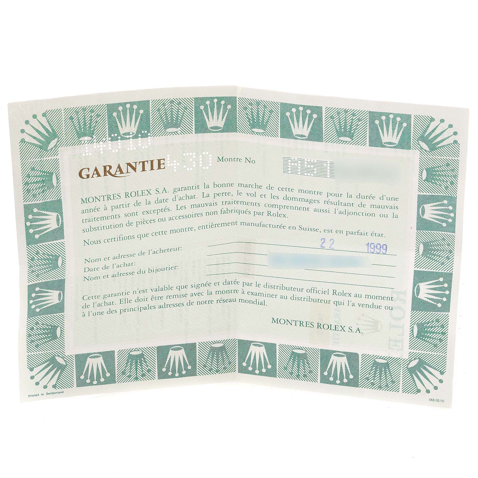 This image shows a warranty certificate for the Rolex Air-King 14010 Men's Stainless Steel Black Dial 14010 Men's Stainless Steel Black Dial watch, featuring details like purchase date and buyer information.