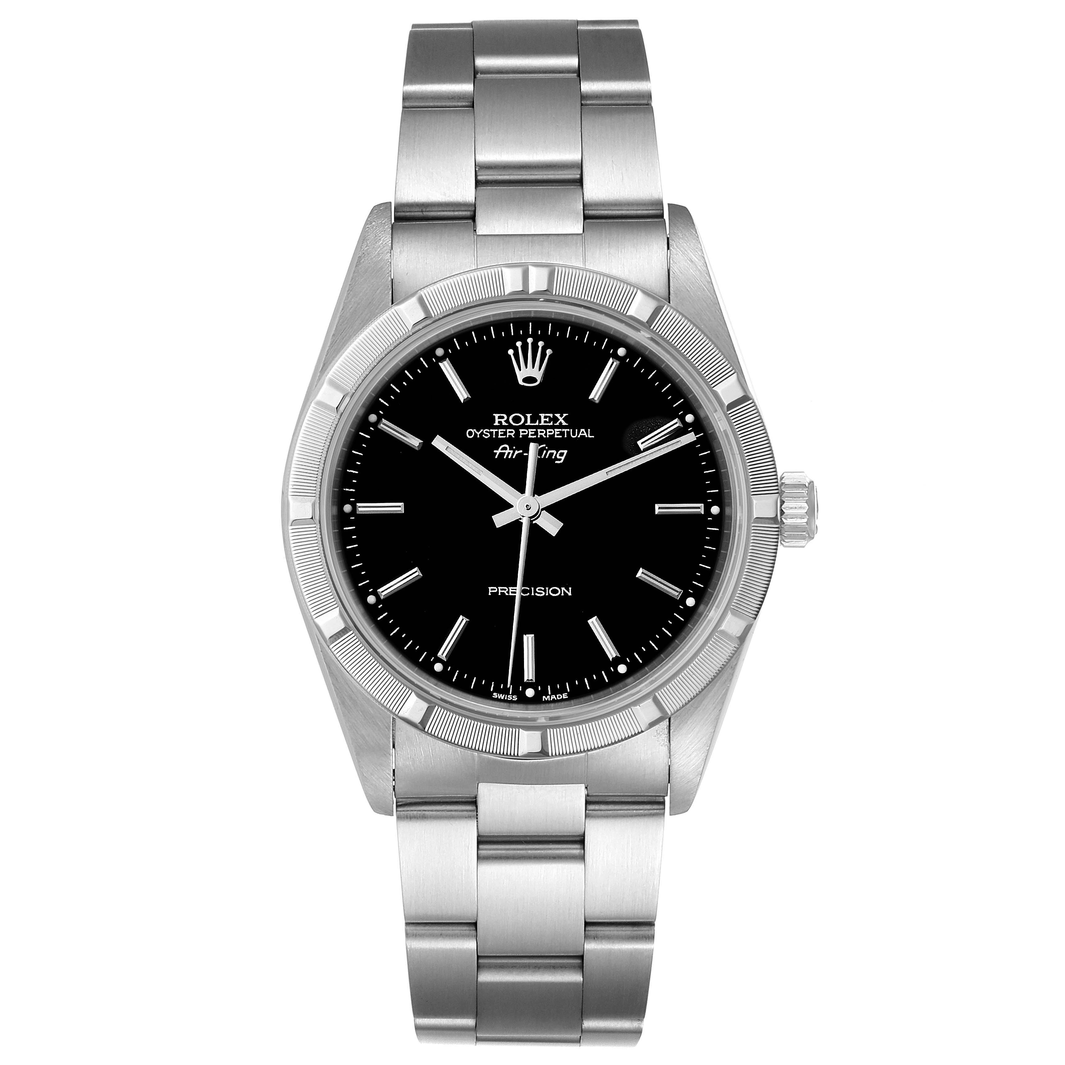 The image shows a front view of a Rolex Air-King 14010 Men's Stainless Steel Black Dial 14010 Men's Stainless Steel Black Dial watch, highlighting its black dial, case, bezel, and bracelet.