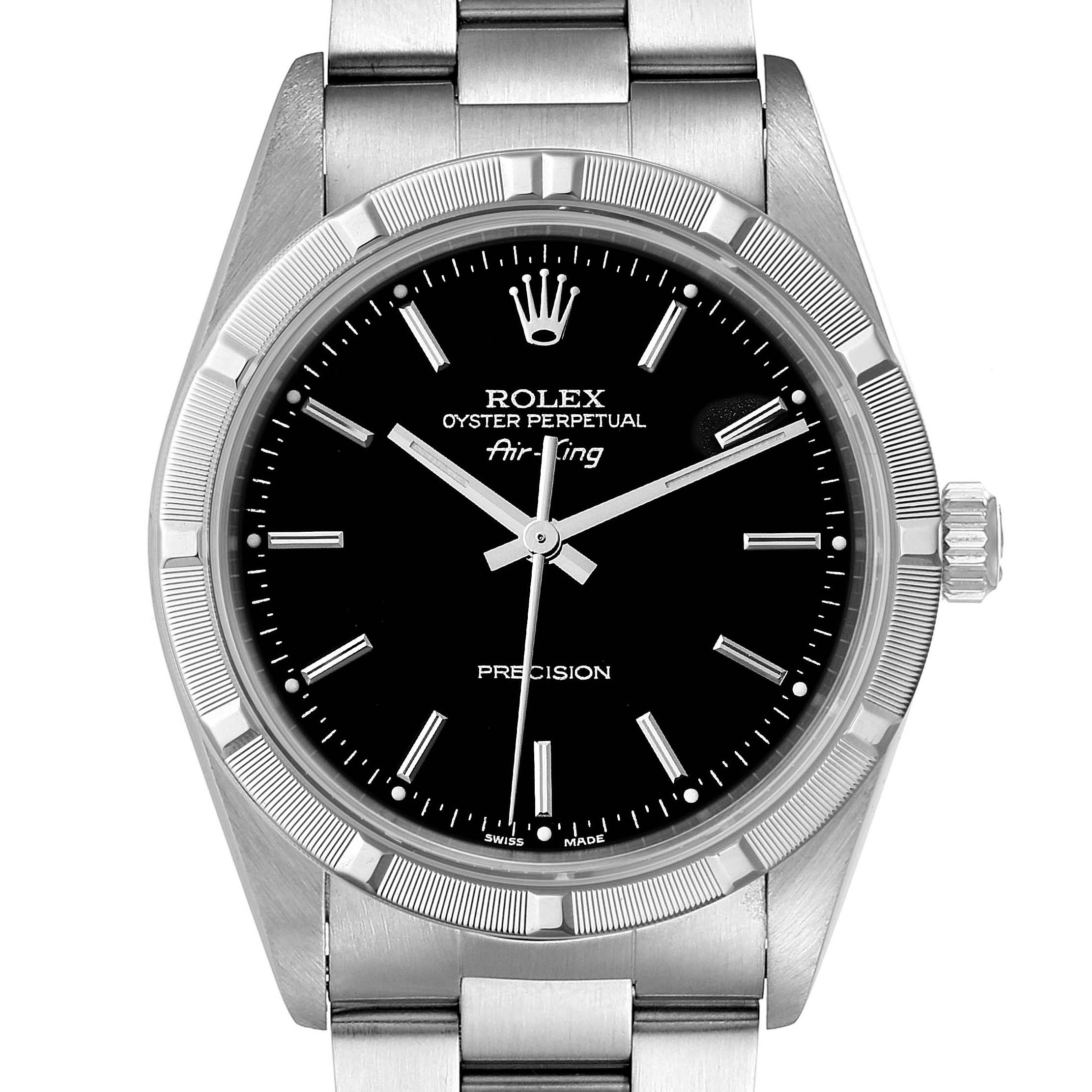 This image shows a front view of the Rolex Air-King 14010 Men's Stainless Steel Black Dial 14010 Men's Stainless Steel Black Dial watch, highlighting its black dial, bezel, and stainless steel bracelet.