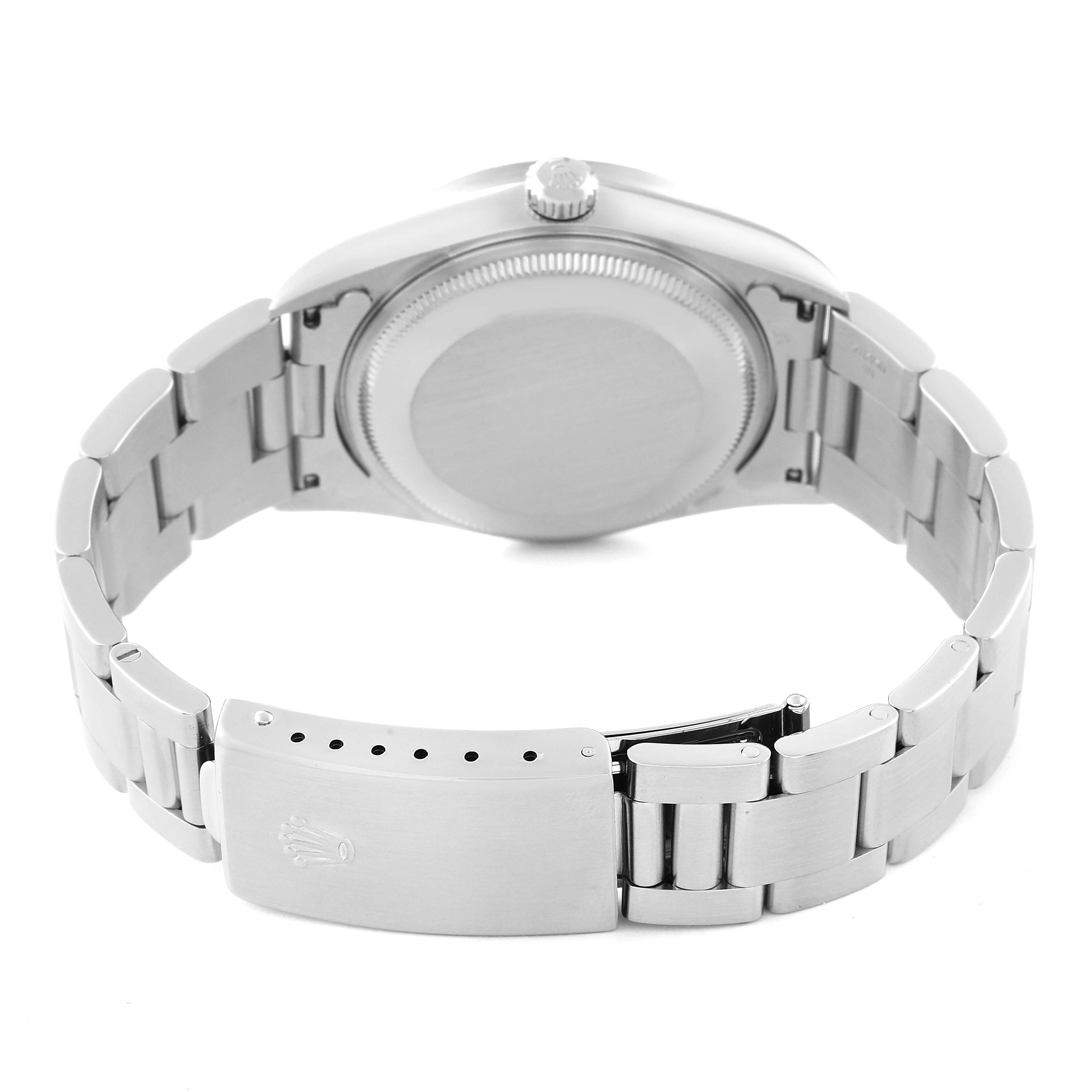 This image shows the clasp, back case, and bracelet of a Rolex Air-King 14010 Men's Stainless Steel Black Dial 14010 Men's Stainless Steel Black Dial watch from a rear angle.