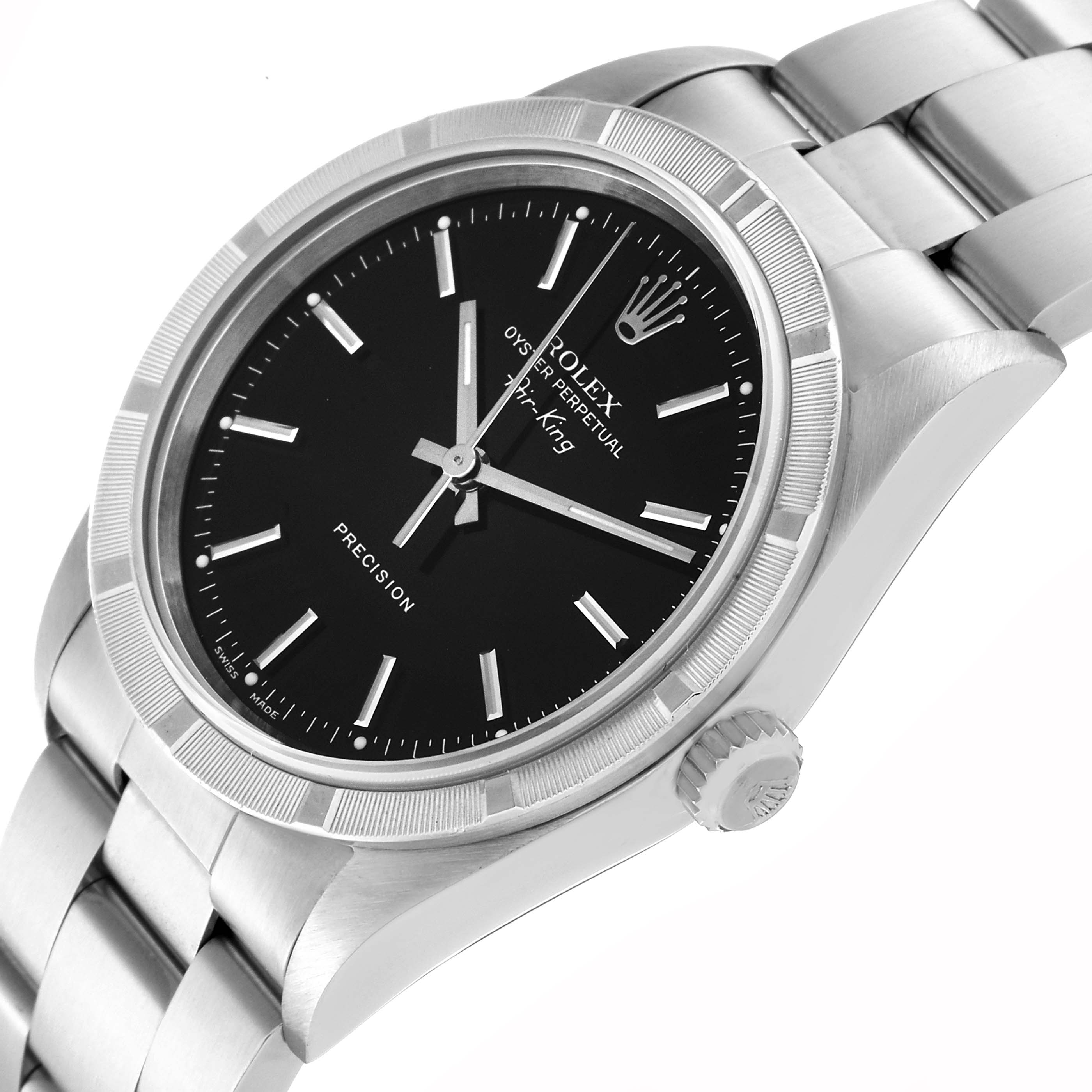 The image shows a side and front view of the Rolex Air-King 14010 Men's Stainless Steel Black Dial 14010 Men's Stainless Steel Black Dial watch, displaying the dial, bezel, crown, and part of the bracelet.