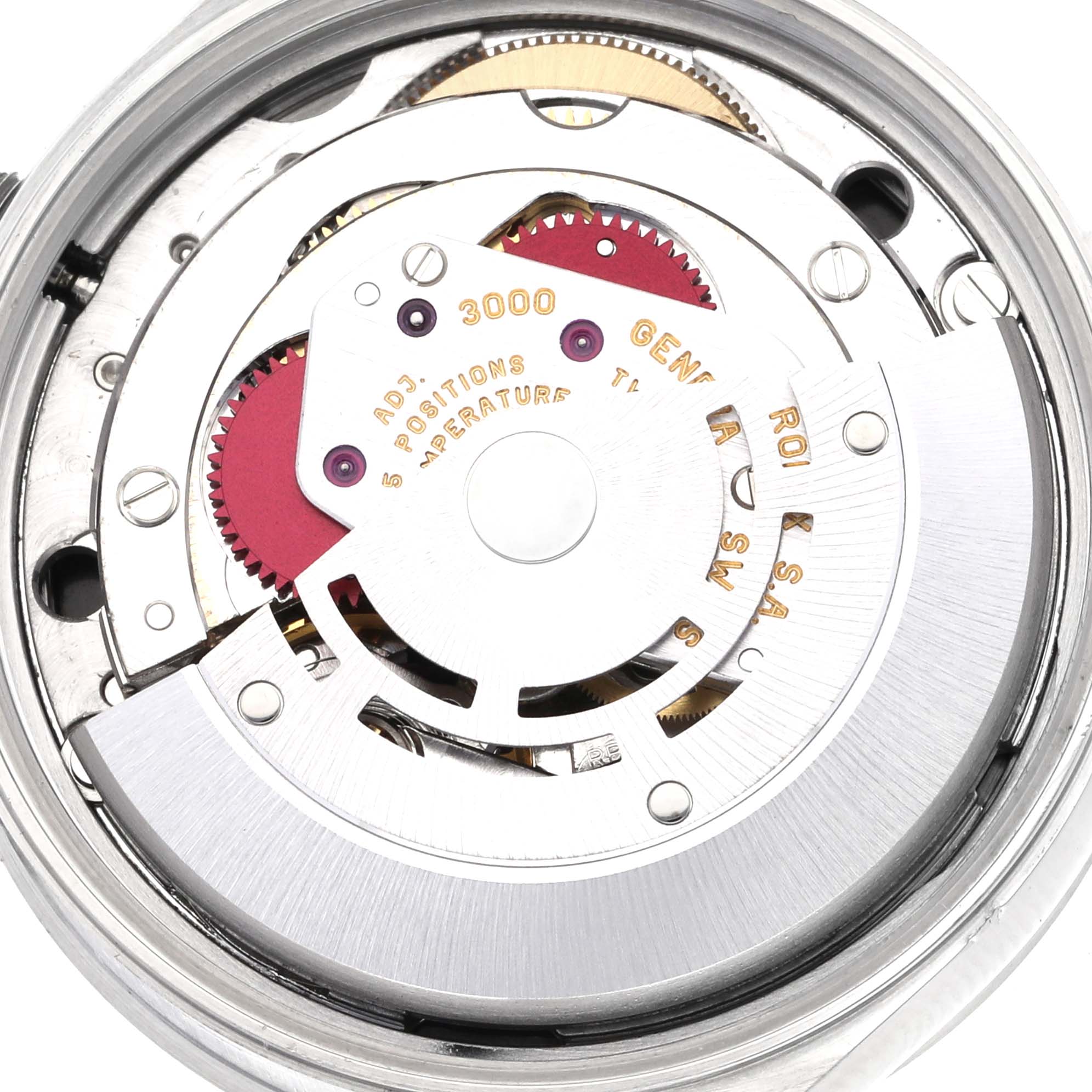 This image shows the internal movement mechanism of a Rolex Air-King 14010 Men's Stainless Steel Black Dial 14010 Men's Stainless Steel Black Dial watch, viewed from the back.
