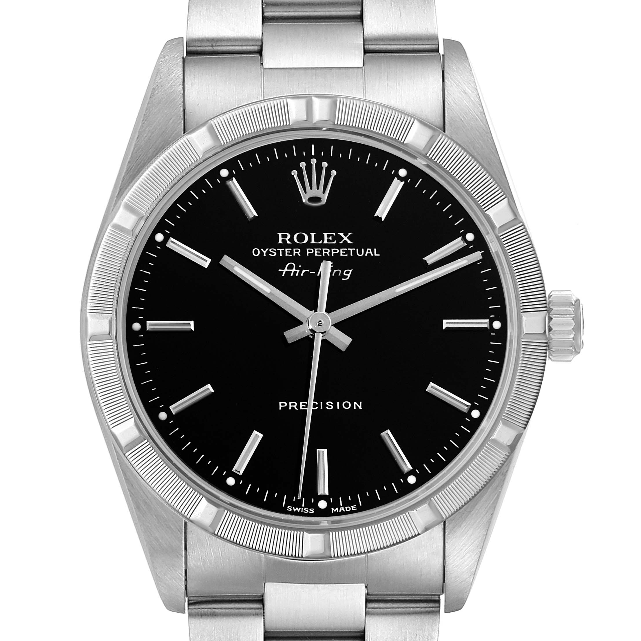 The Rolex Air-King 14010 Men's Stainless Steel Black Dial 14010 Men's Stainless Steel Black Dial watch is shown from the front, highlighting its black dial, hour markers, and stainless steel bracelet.