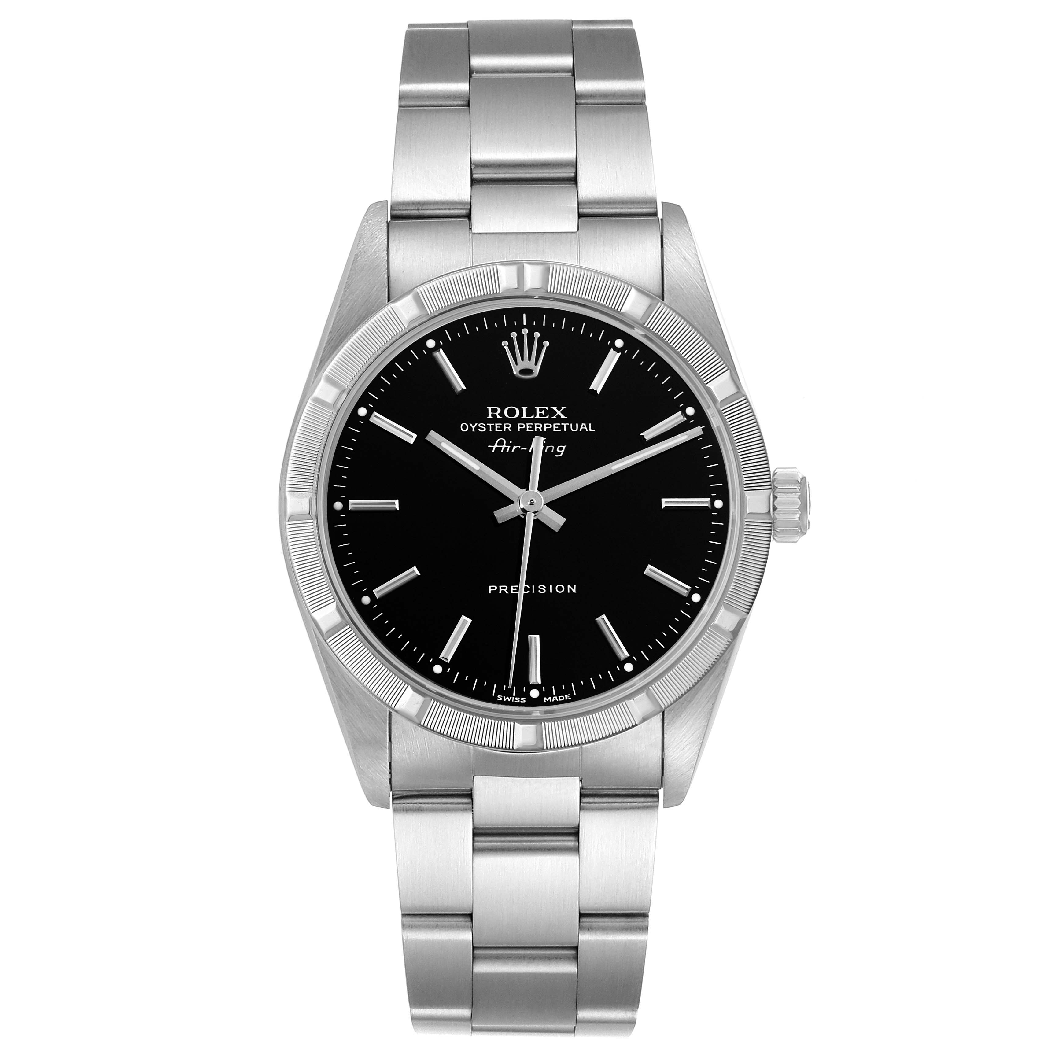 The image shows a front view of a Rolex Air-King 14010 Men's Stainless Steel Black Dial 14010 Men's Stainless Steel Black Dial watch, highlighting the dial, bezel, case, and bracelet.