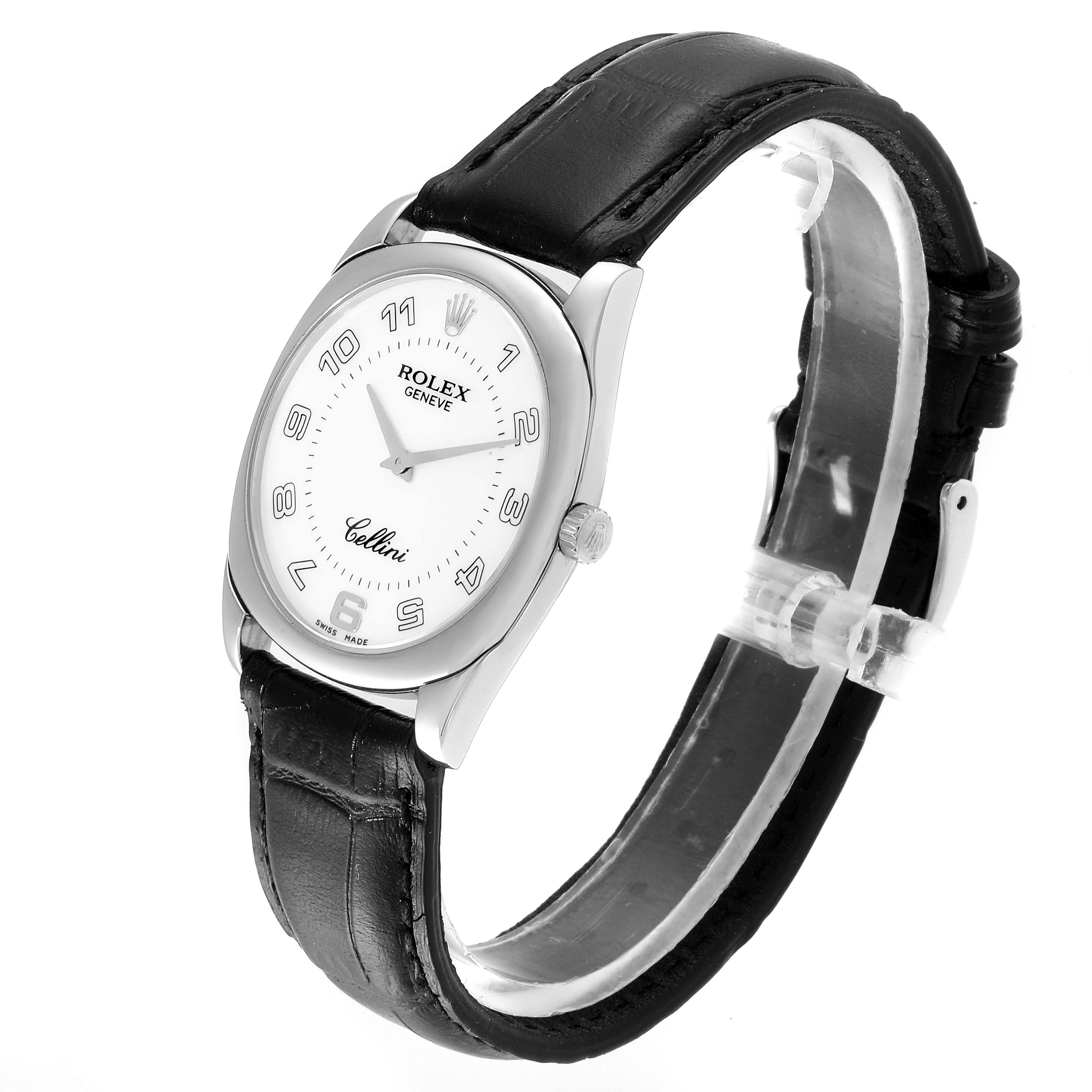The image shows a Rolex Cellini 4233 Men
s White Gold White Dial 4233 Men
s White Gold White Dial watch at a slight angle, displaying the dial, case, crown, and leather strap.