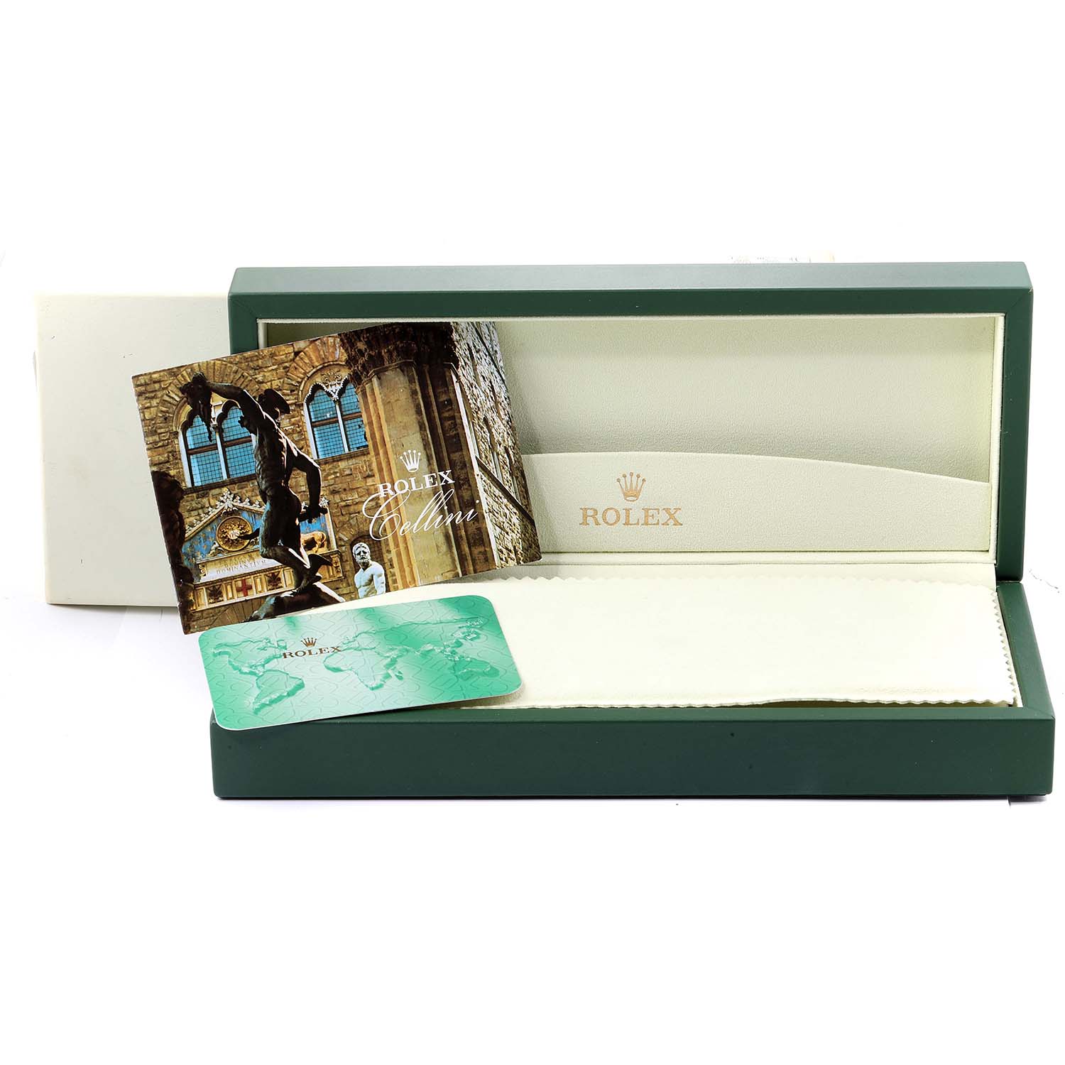 This image shows the packaging, Best Quality
ity card, and booklet for a Rolex Cellini 4233 Men
s White Gold White Dial 4233 Men
s White Gold White Dial watch, along with its open green watch box.