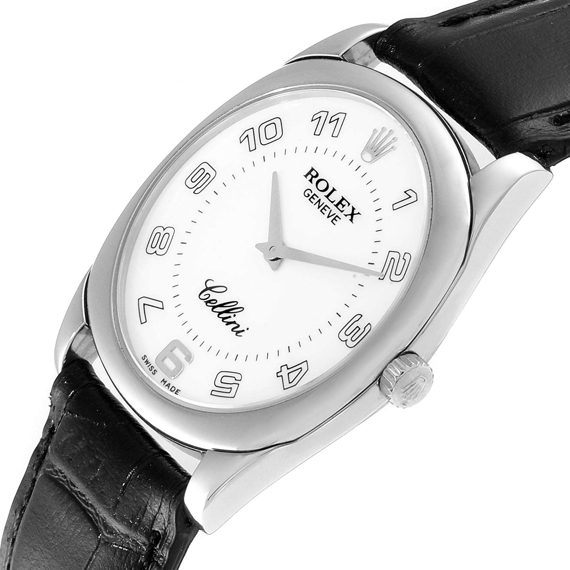 The image shows a close-up, angled view of the face and bezel of a Rolex Cellini 4233 Men
s White Gold White Dial 4233 Men
s White Gold White Dial watch, along with part of its leather strap and crown.