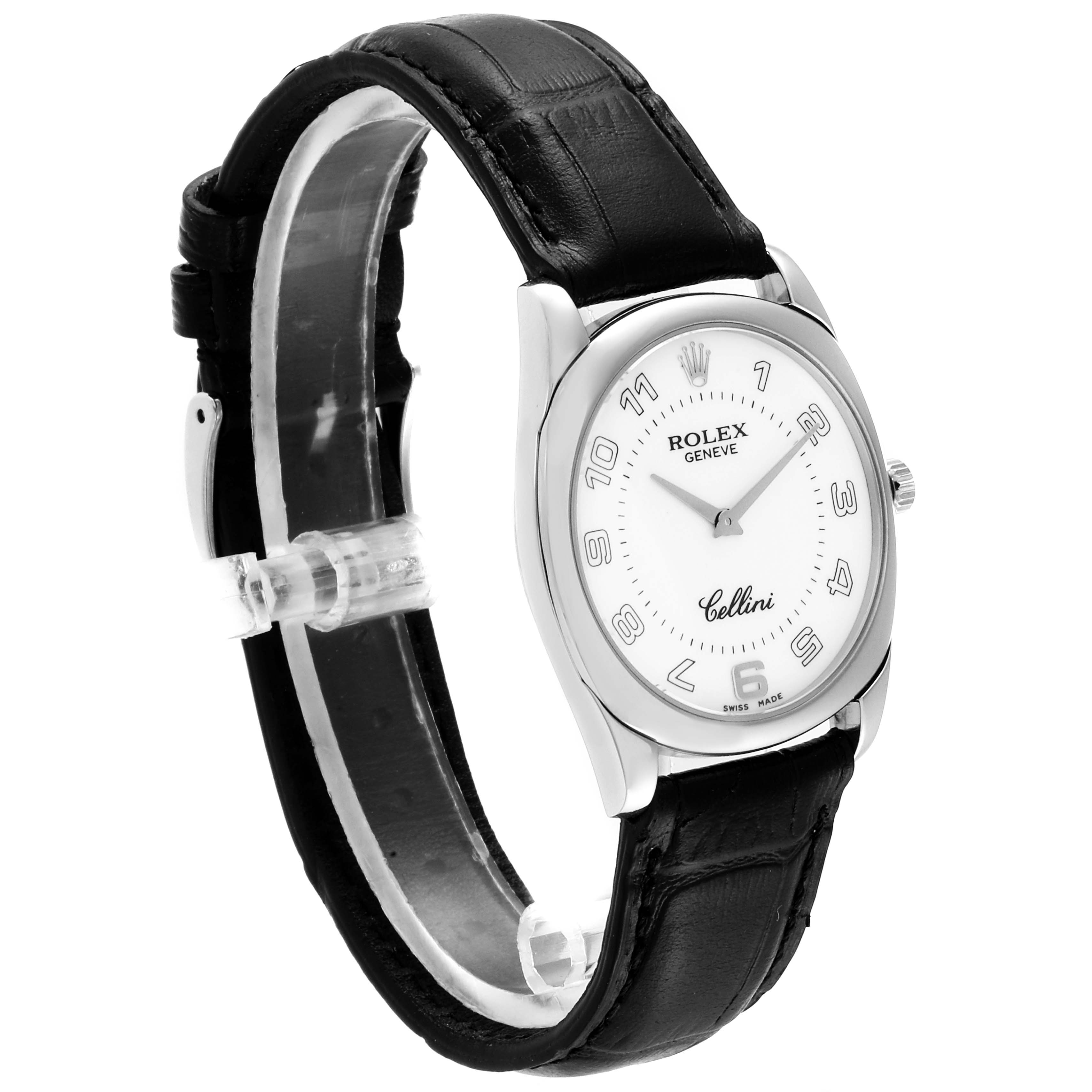 The Rolex Cellini 4233 Men
s White Gold White Dial 4233 Men
s White Gold White Dial watch is shown at a front angle, highlighting its white dial, numerals, and black leather strap.
