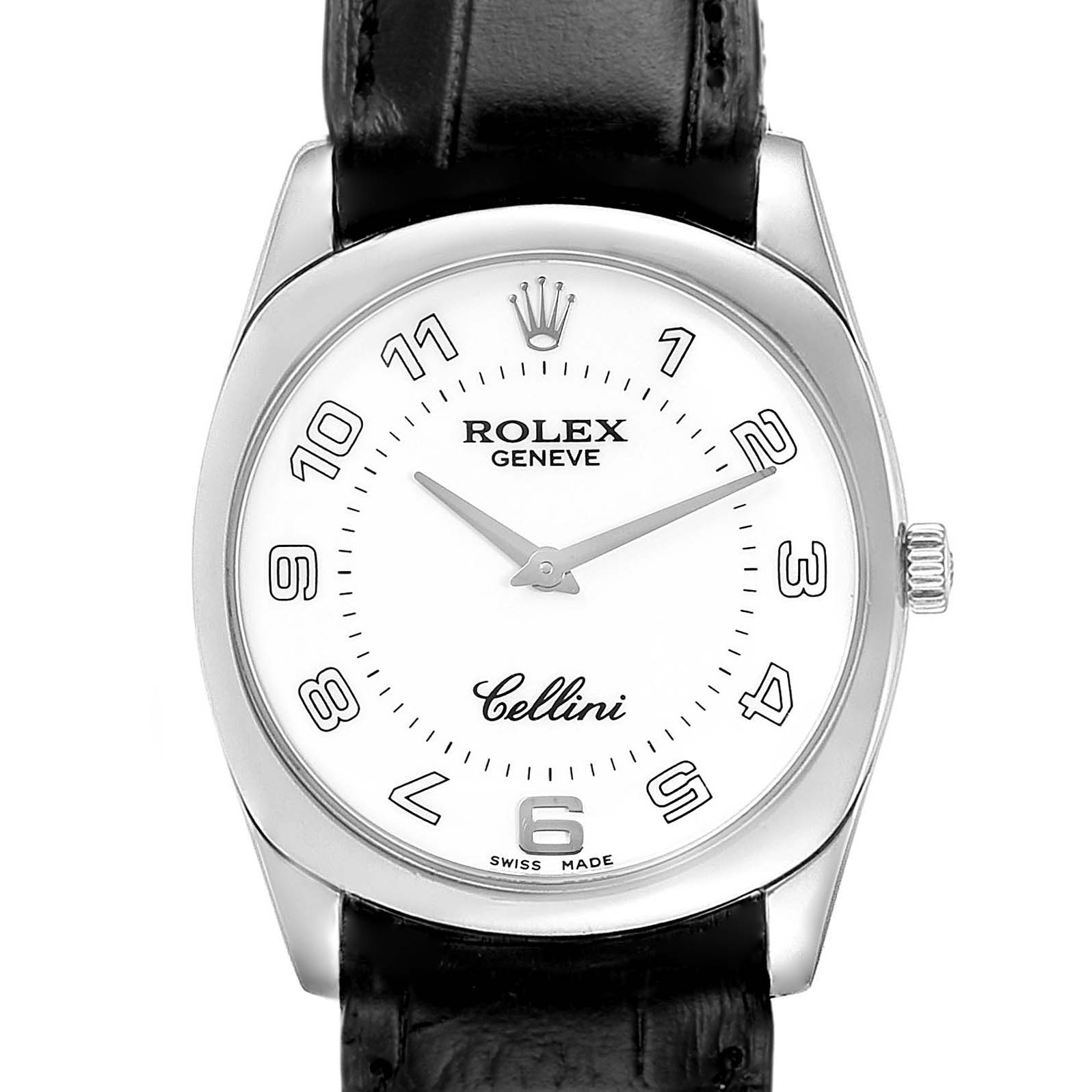 The image shows a front view of a Rolex Cellini 4233 Men
s White Gold White Dial 4233 Men
s White Gold White Dial watch, focusing on its white dial, numerals, and black leather strap.