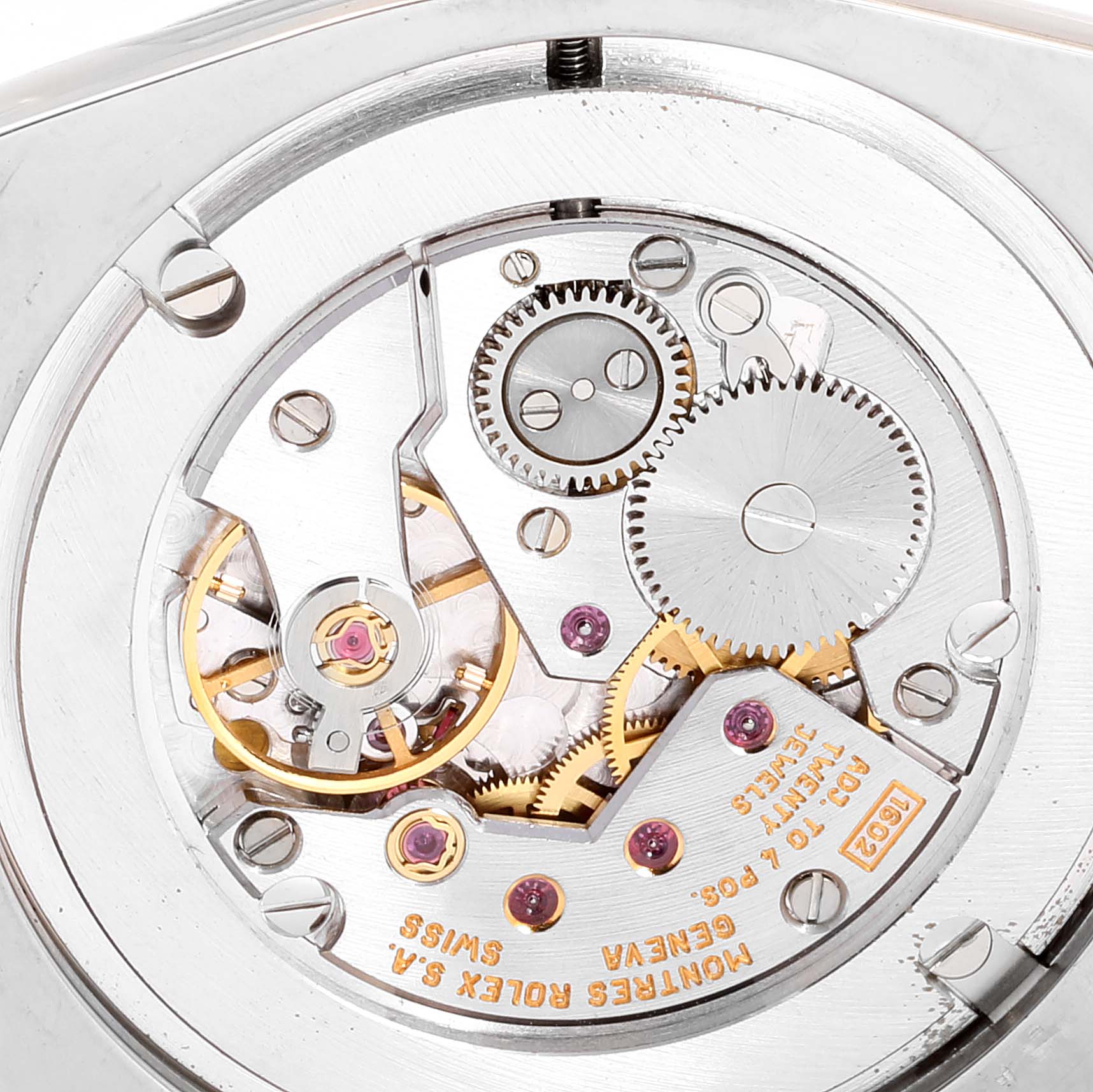The image shows a close-up of the mechanical movement of the Rolex Cellini 4233 Men
s White Gold White Dial 4233 Men
s White Gold White Dial watch.