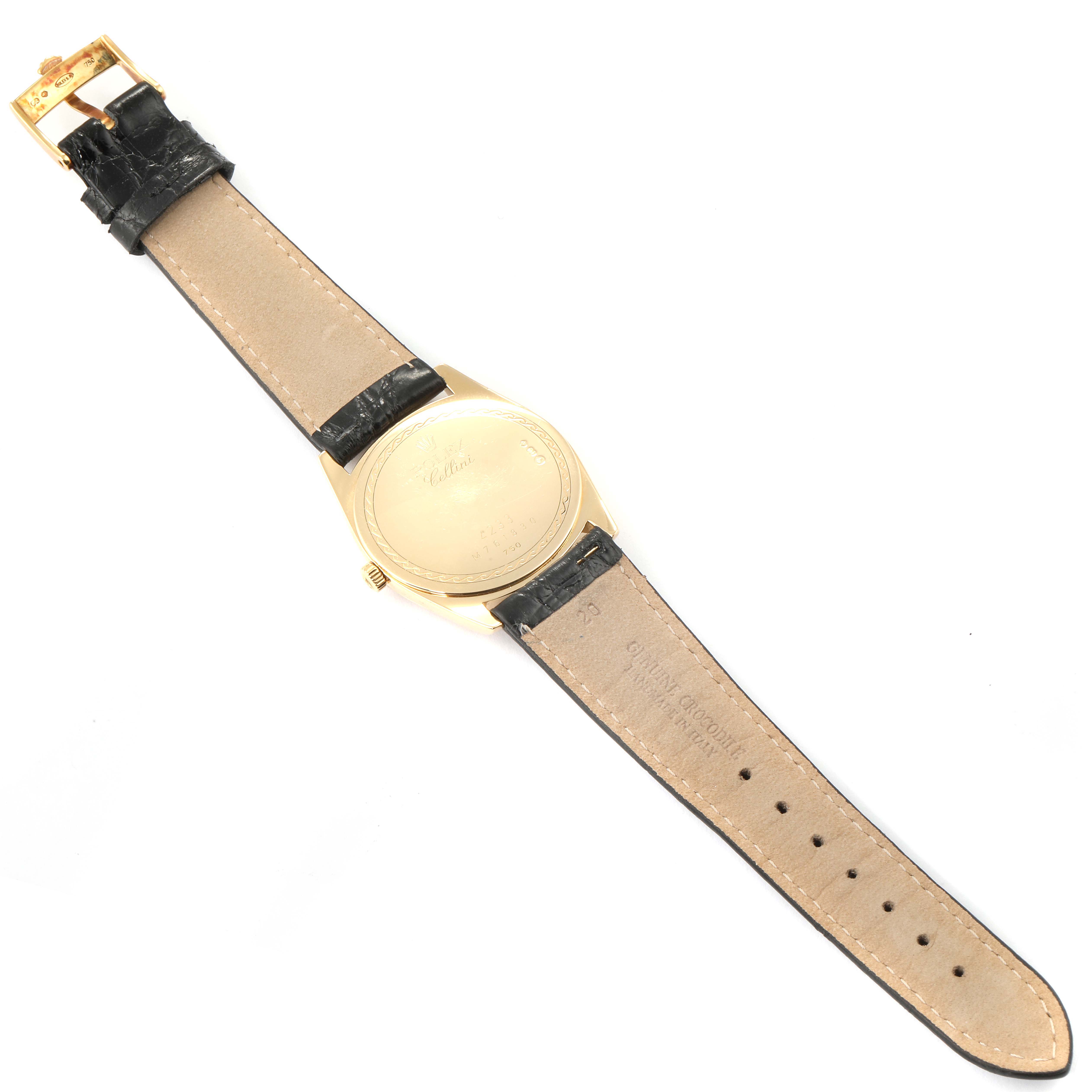 This image shows the back view of a Rolex Cellini 4233 Men's Yellow Gold Black Dial 4233 Men's Yellow Gold Black Dial watch, highlighting its gold case and leather strap.