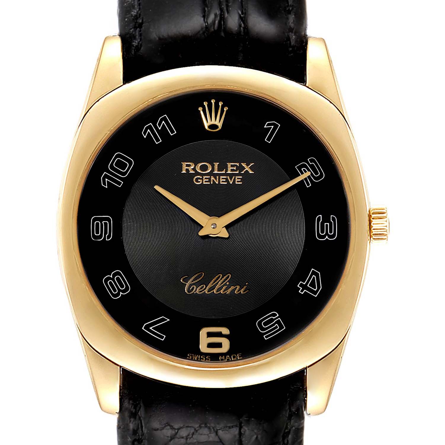 The image shows a front view of a Rolex Cellini 4233 Men's Yellow Gold Black Dial 4233 Men's Yellow Gold Black Dial watch, highlighting its black dial, gold bezel, and black leather strap.