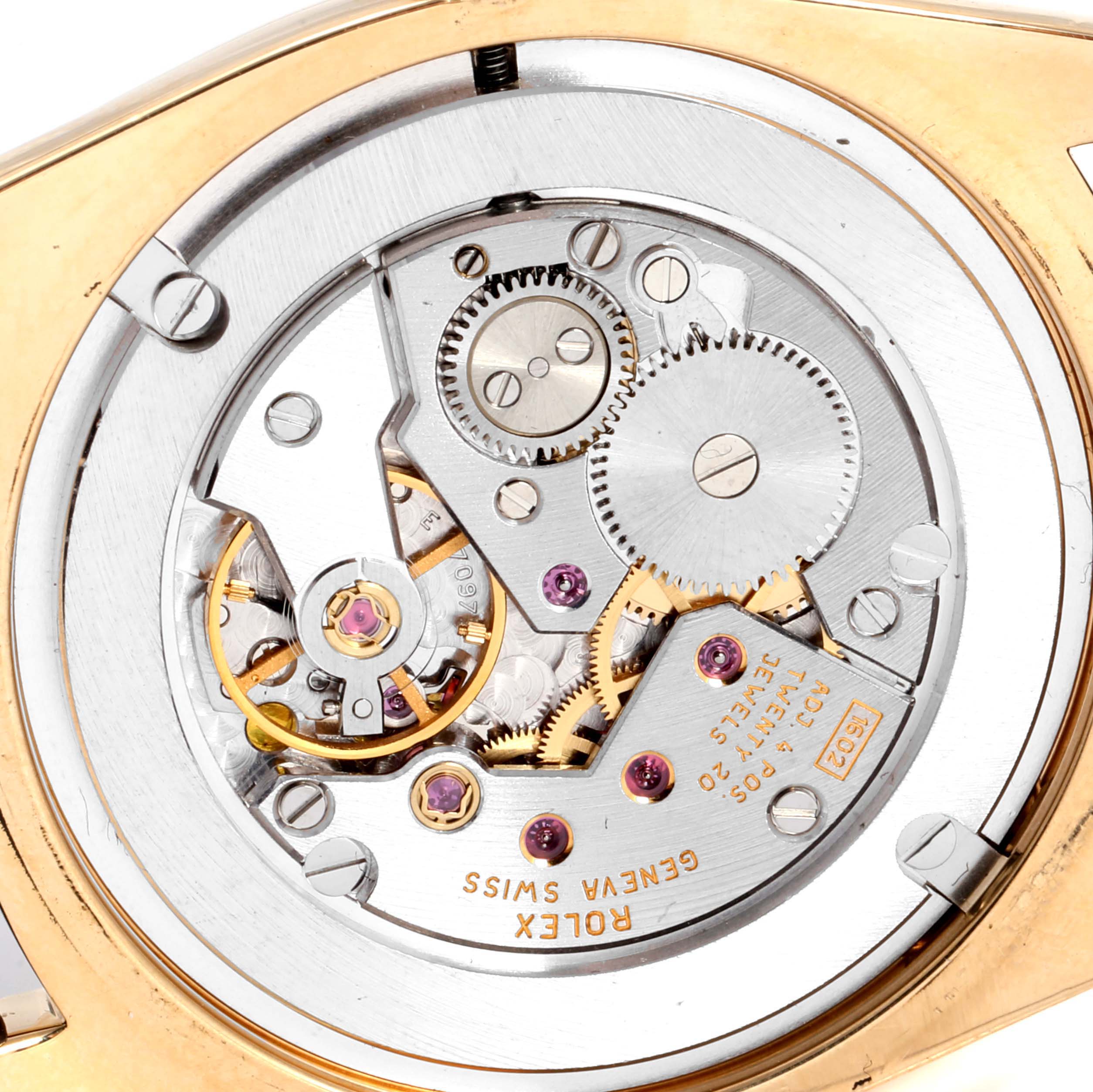 This image shows the intricate movement and internal mechanism of a Rolex Cellini 4233 Men's Yellow Gold Black Dial 4233 Men's Yellow Gold Black Dial watch from a close-up angle.