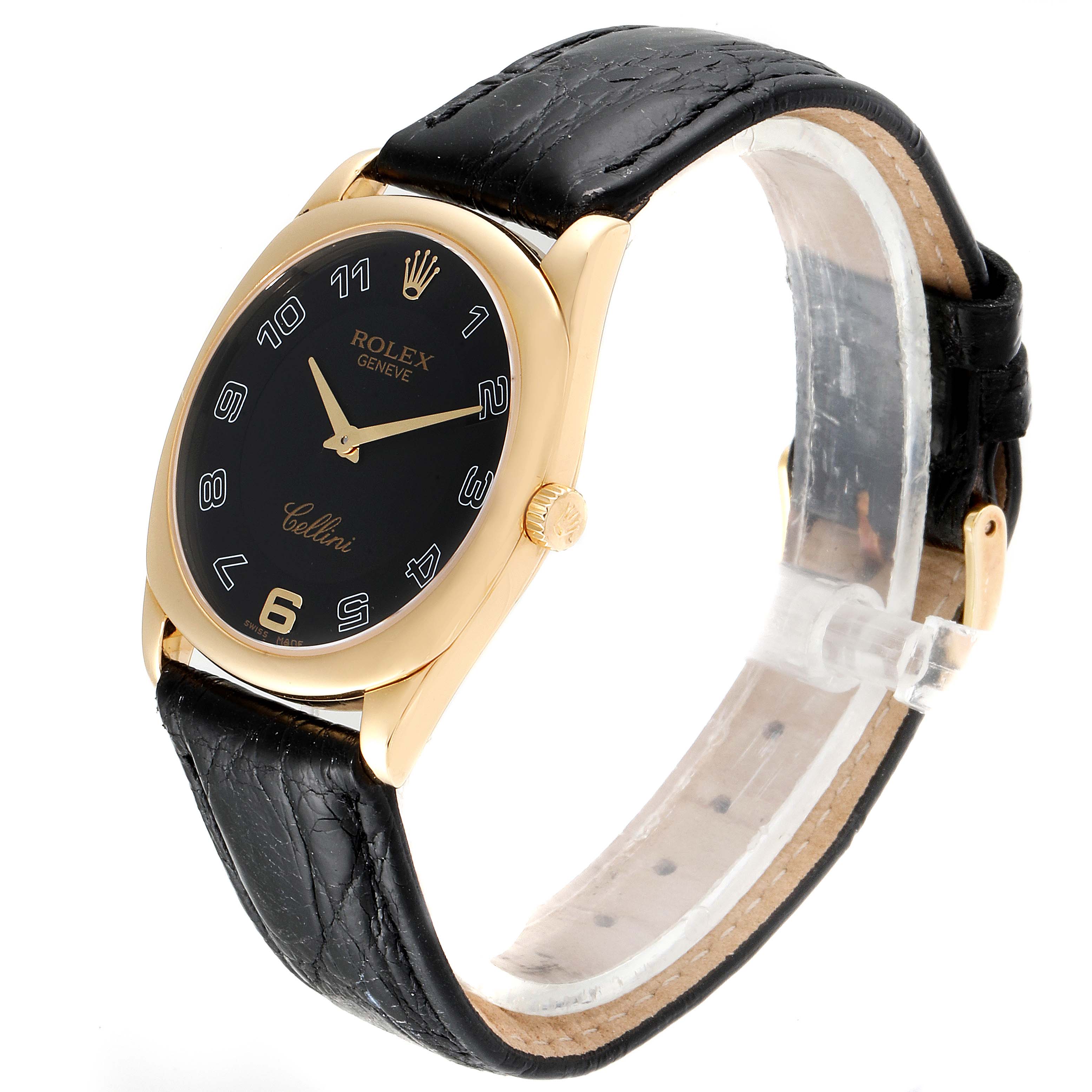 This is a side-angle view of a Rolex Cellini 4233 Men's Yellow Gold Black Dial 4233 Men's Yellow Gold Black Dial watch, showing the face, crown, and leather strap.