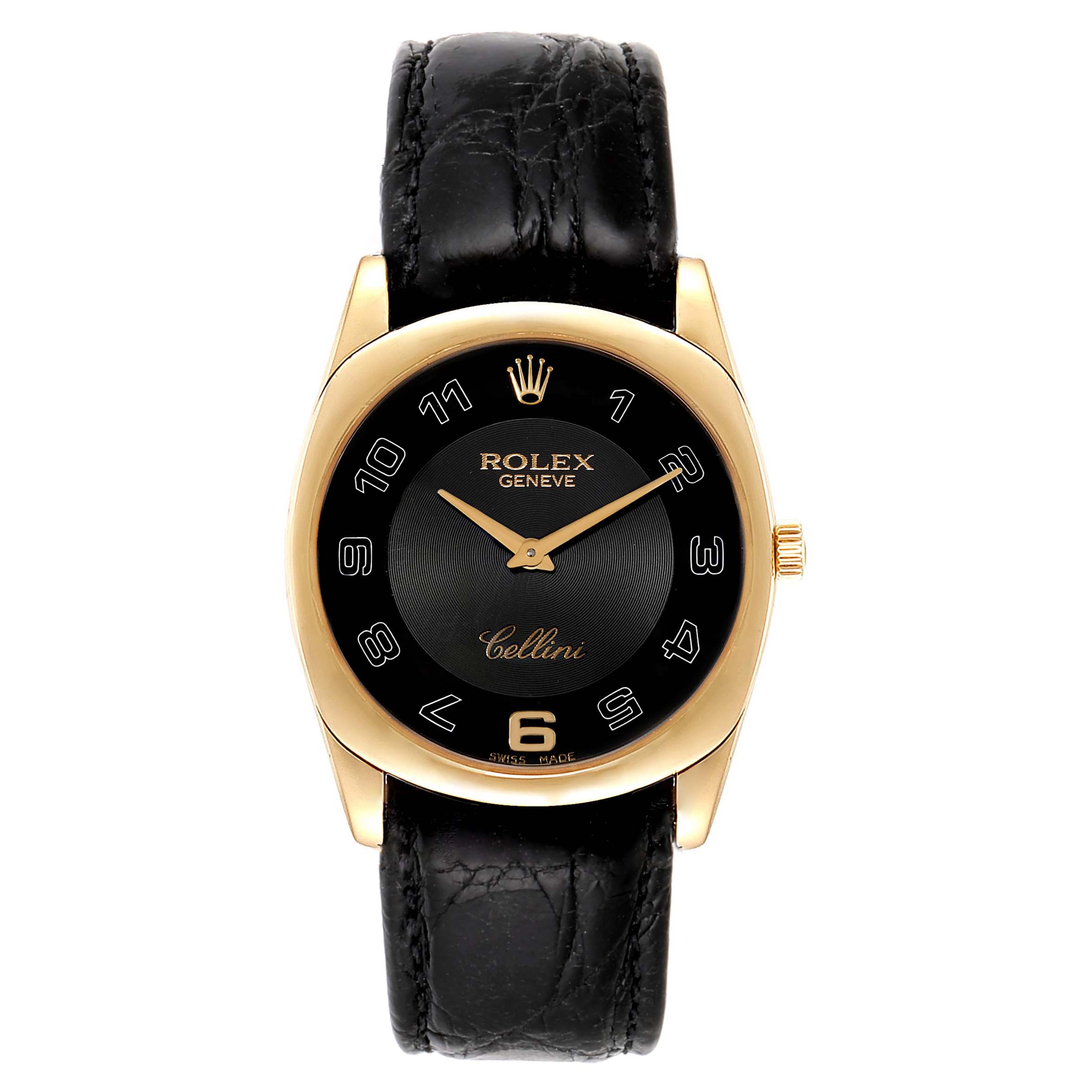 The image shows a front view of a Rolex Cellini 4233 Men's Yellow Gold Black Dial 4233 Men's Yellow Gold Black Dial watch with a black leather strap and gold casing.
