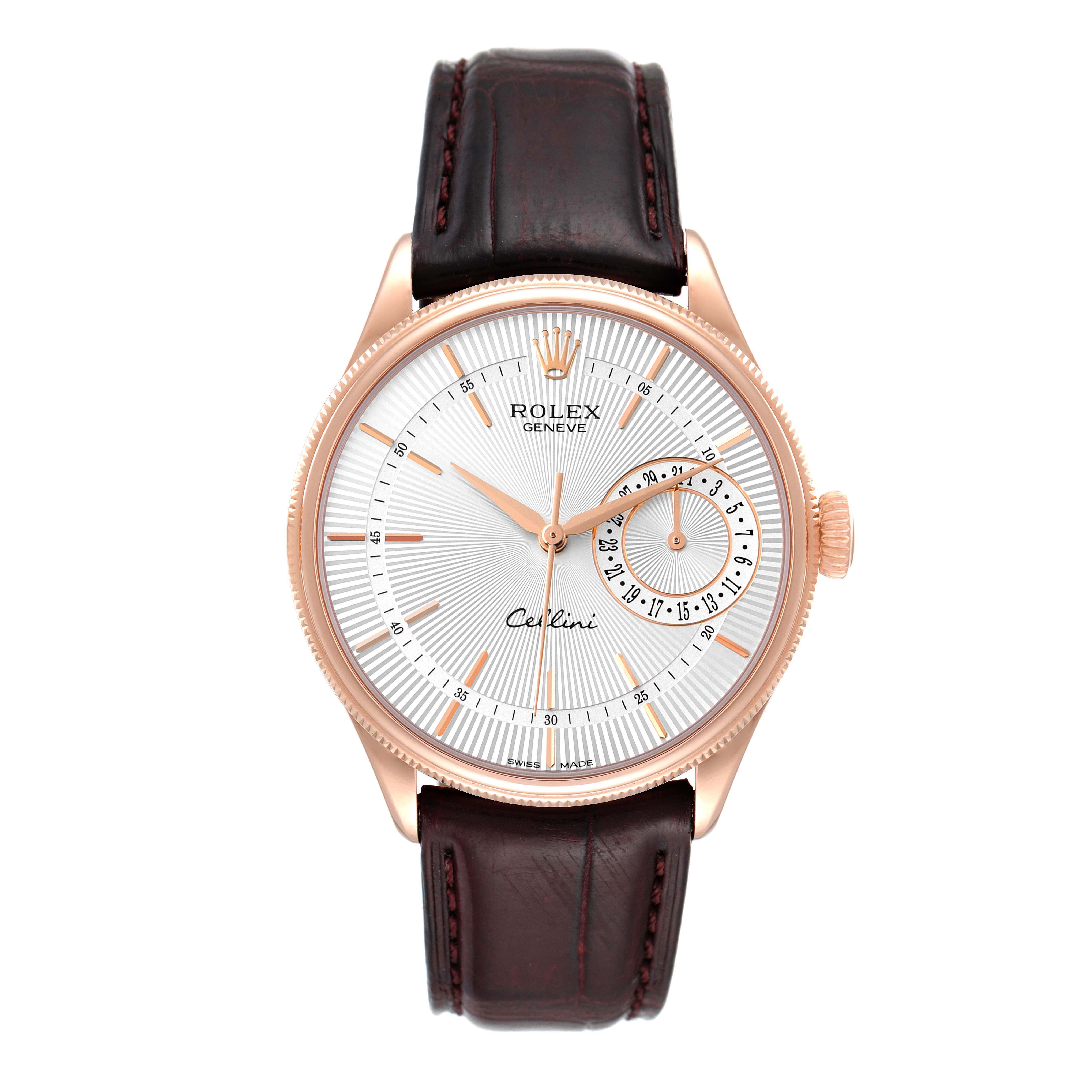 The image shows a front view of the Rolex Cellini 50515 Men's Rose Gold Silver Dial 50515 Men's Rose Gold Silver Dial watch, displaying its face, dial, hands, crown, and leather strap.