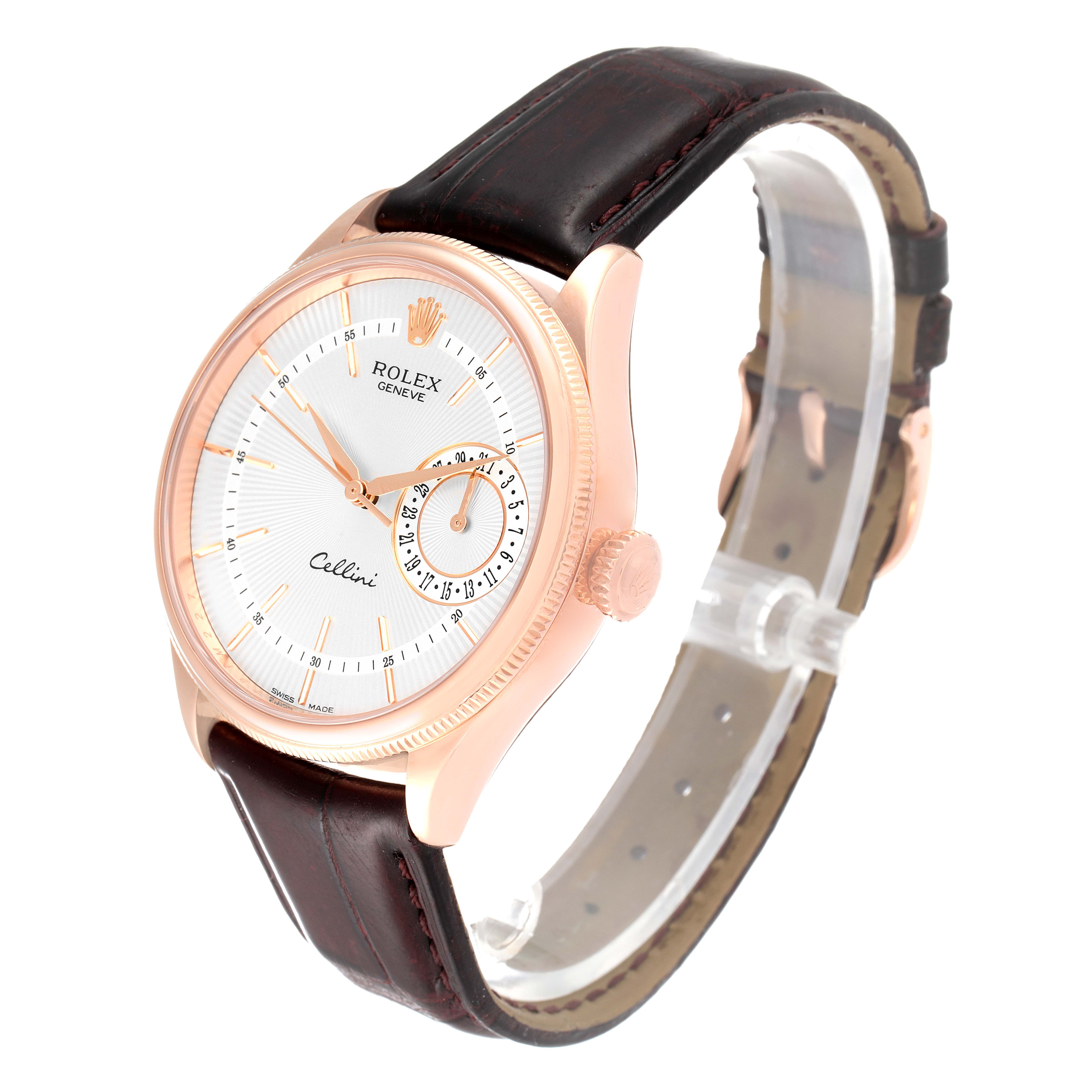 The image shows a Rolex Cellini 50515 Men's Rose Gold Silver Dial 50515 Men's Rose Gold Silver Dial watch at a three-quarter angle, highlighting the face, crown, and leather strap.