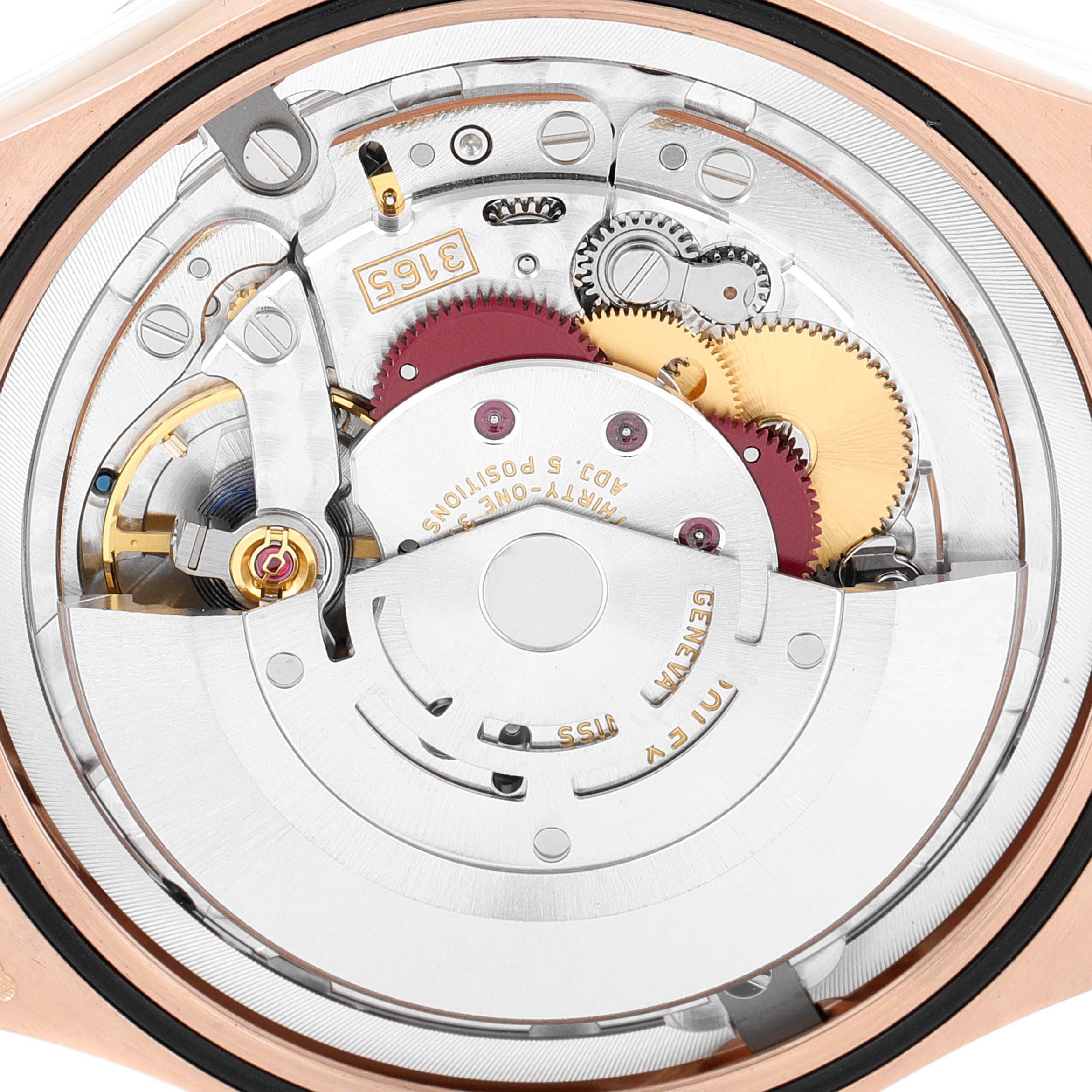 This image shows a close-up view of the movement and internal components of a Rolex Cellini 50515 Men's Rose Gold Silver Dial 50515 Men's Rose Gold Silver Dial watch.