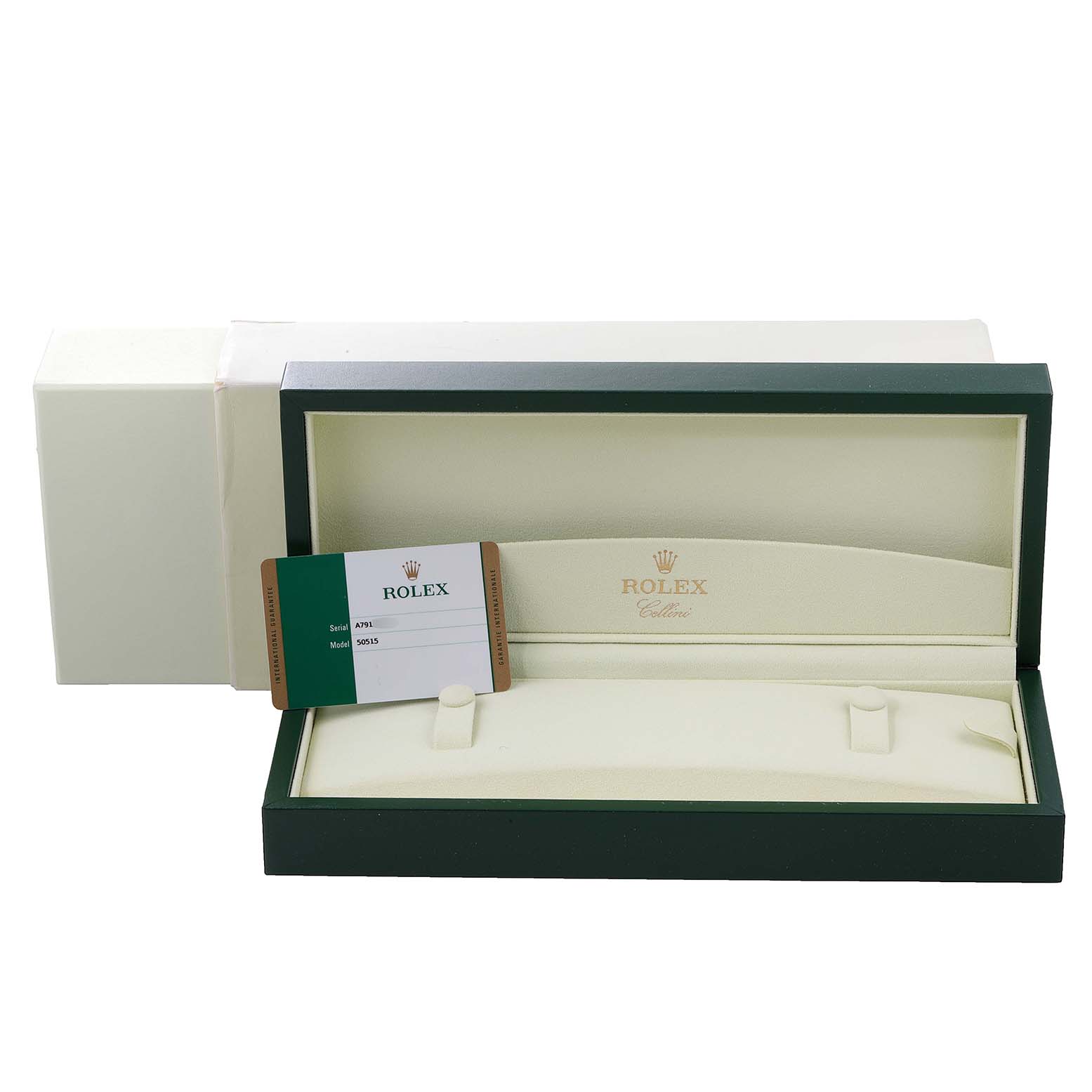 The image shows the open packaging box, warranty card, and booklet for the Rolex Cellini 50515 Men's Rose Gold Silver Dial 50515 Men's Rose Gold Silver Dial model.