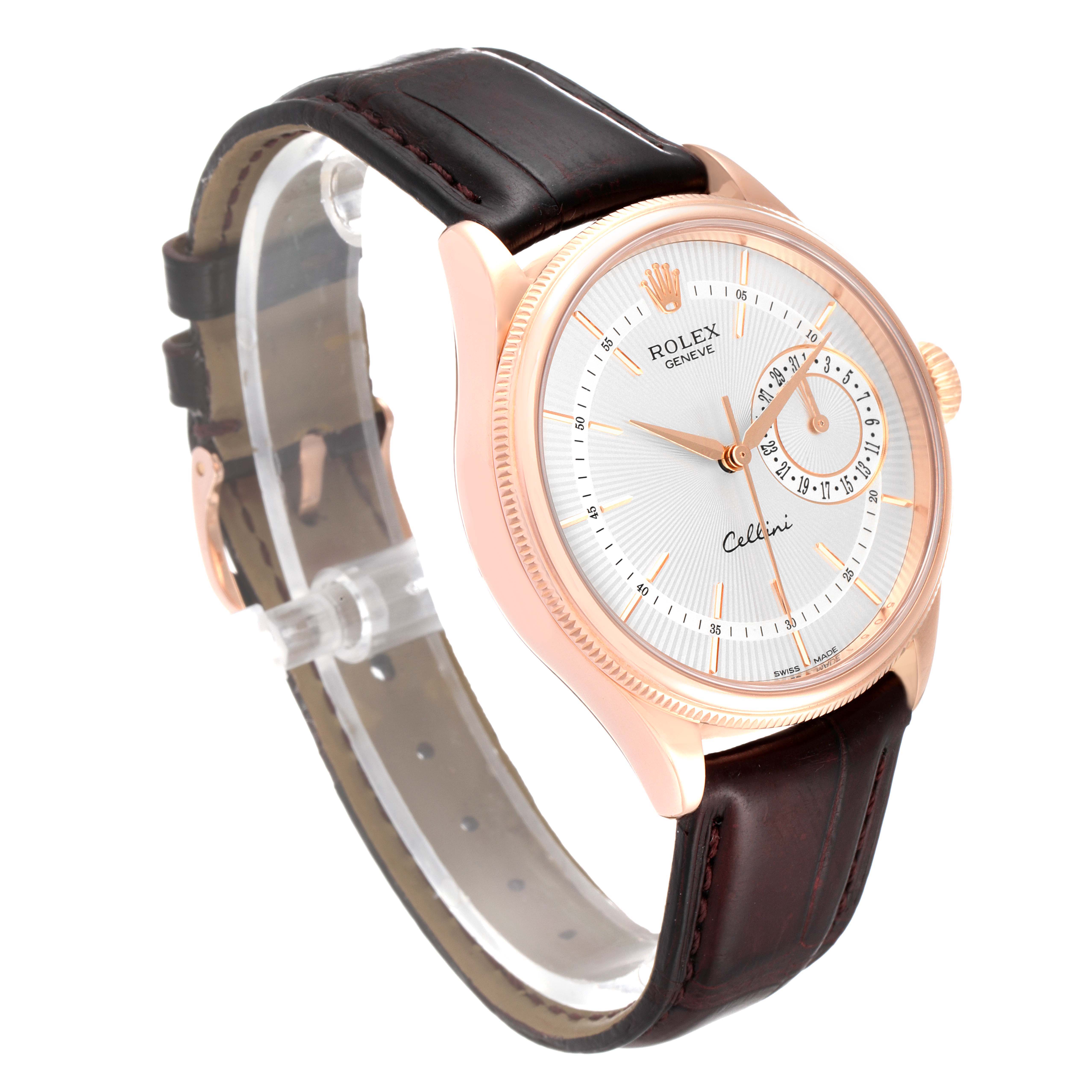 The Rolex Cellini 50515 Men's Rose Gold Silver Dial 50515 Men's Rose Gold Silver Dial watch is shown at a front three-quarter angle, highlighting the dial, crown, and leather strap.