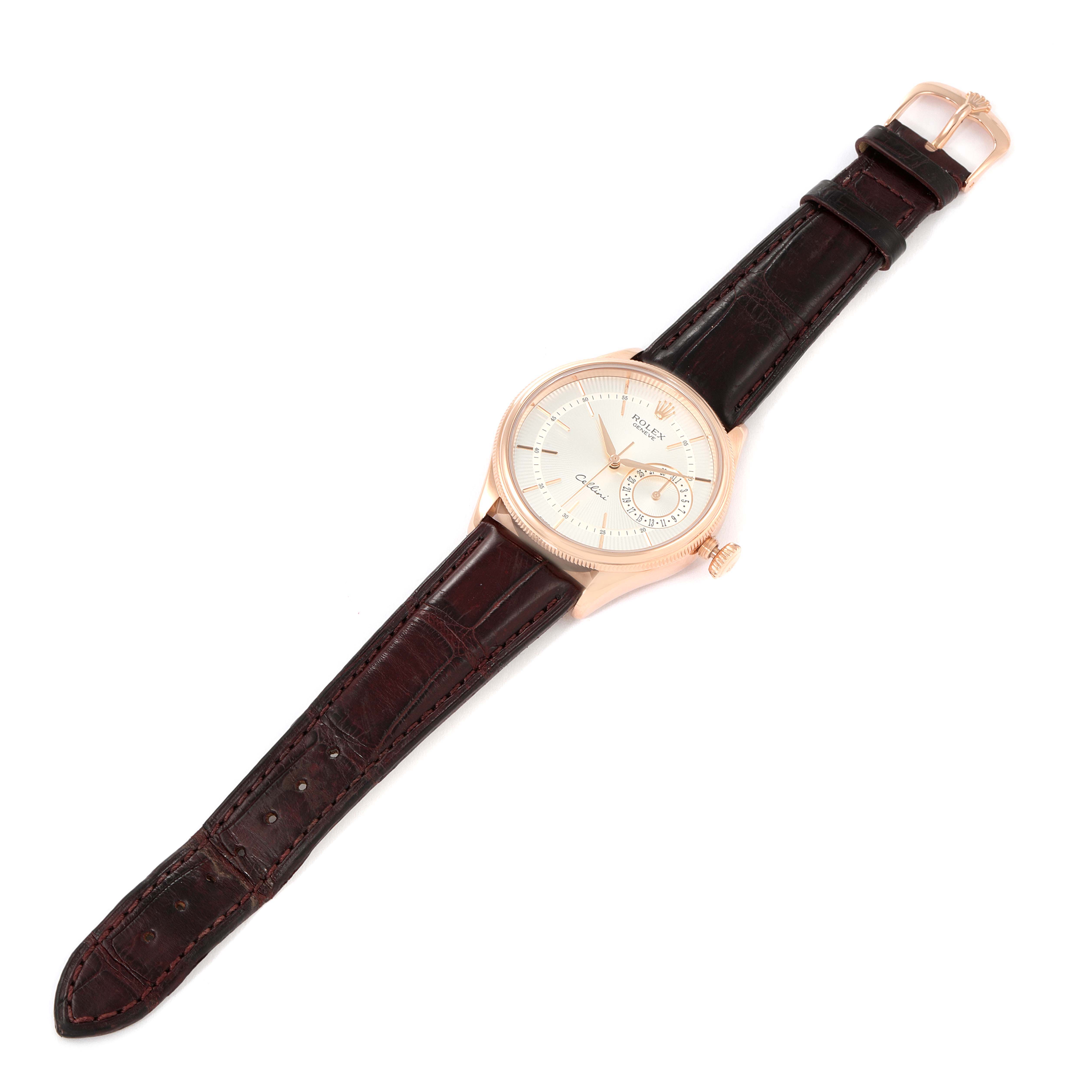 The image shows a Rolex Cellini 50515 Men's Rose Gold Silver Dial 50515 Men's Rose Gold Silver Dial model watch from a flat-top angle, detailing its dial, case, crown, and leather strap.