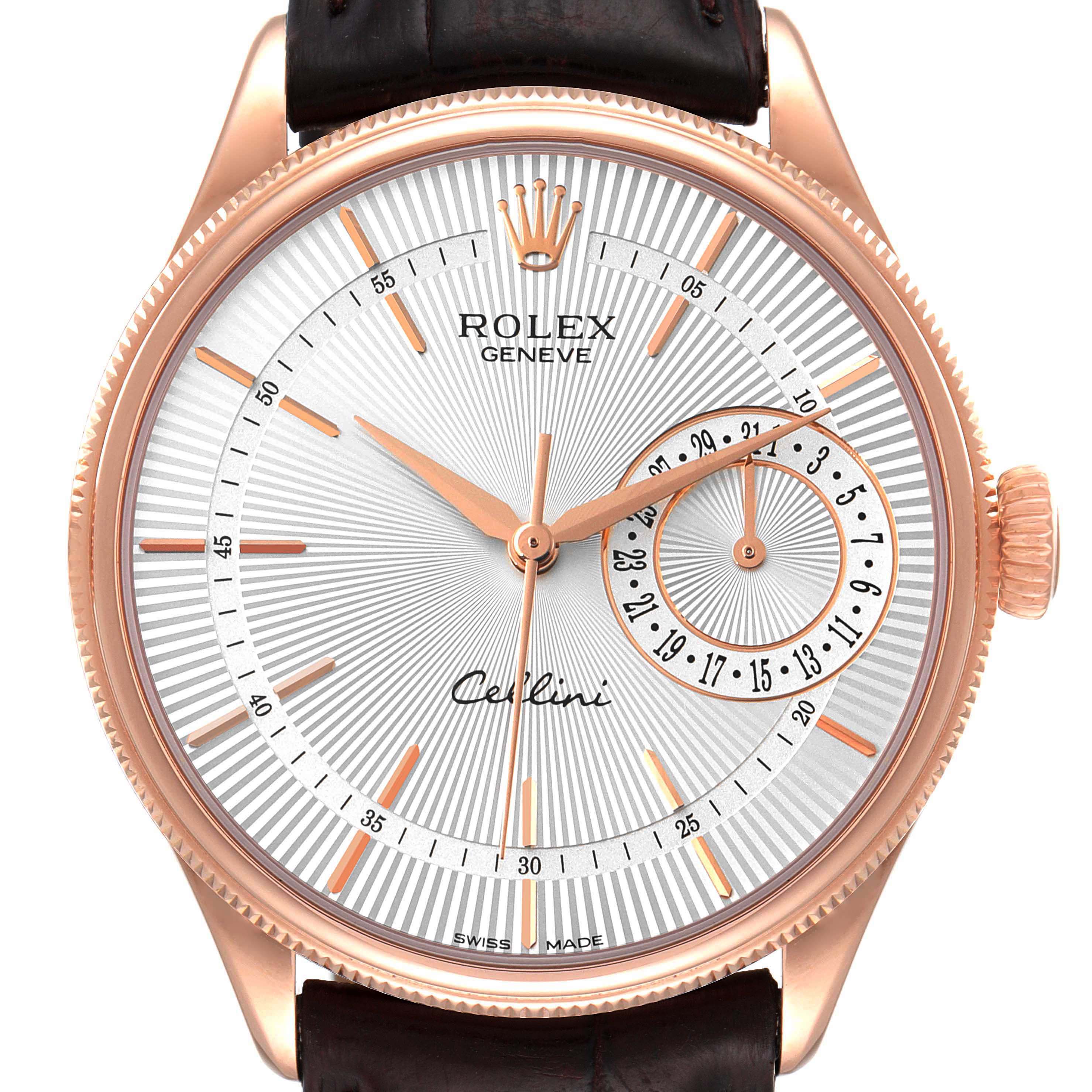 This image shows a front-facing view of the Rolex Cellini 50515 Men's Rose Gold Silver Dial 50515 Men's Rose Gold Silver Dial watch, highlighting its face, dial, and hour markers.
