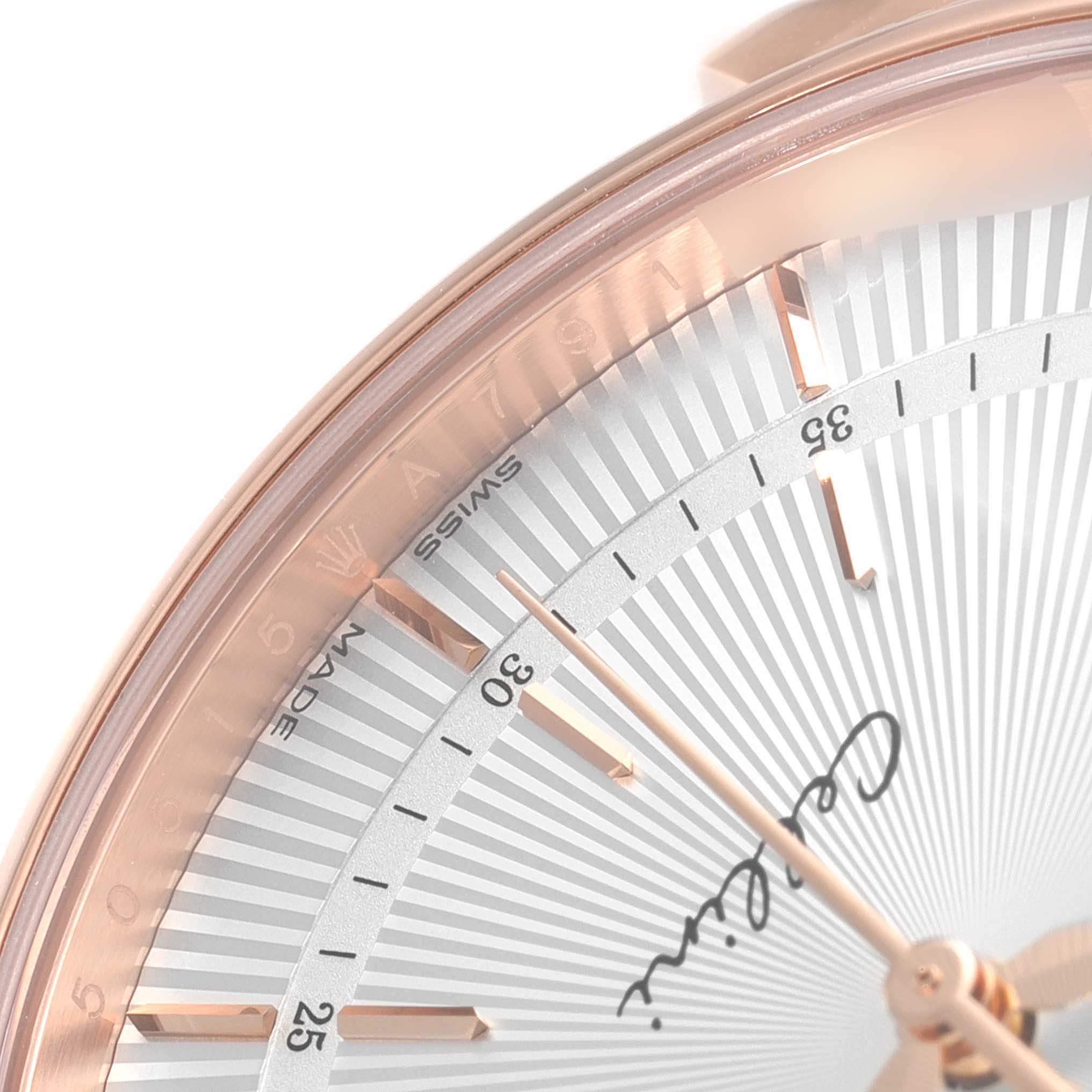 The image shows a close-up angle of the dial and hands of the Rolex Cellini 50515 Men's Rose Gold Silver Dial 50515 Men's Rose Gold Silver Dial watch.