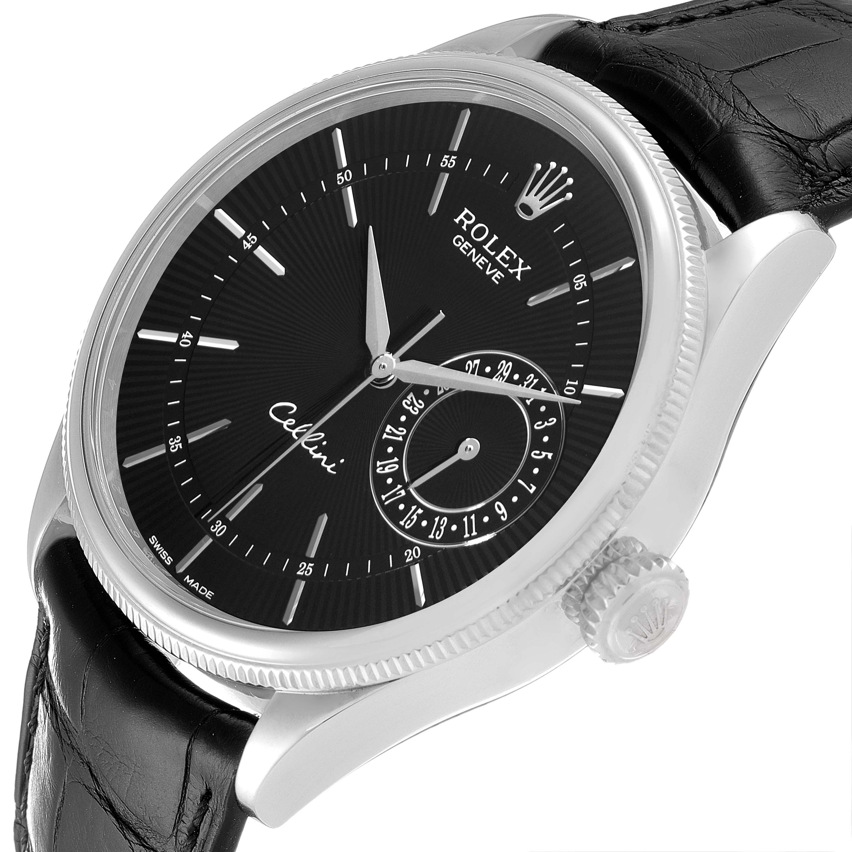 The image shows a close-up view of a Rolex Cellini 50519 Men's White Gold Black Dial 50519 Men's White Gold Black Dial watch with a black leather strap and a black dial, displaying the crown and dial details.