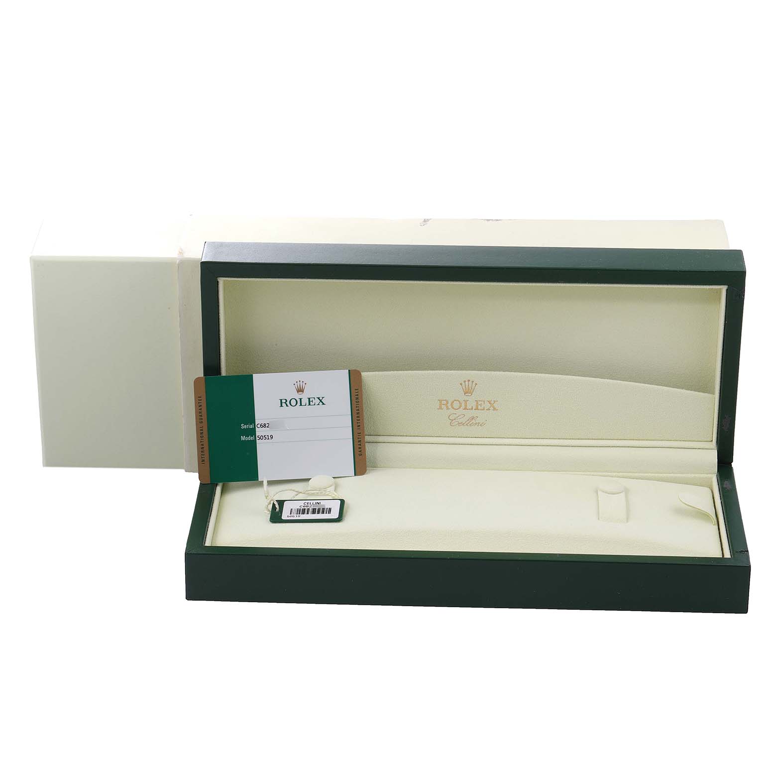 The image shows the open presentation box for the Rolex Cellini 50519 Men's White Gold Black Dial 50519 Men's White Gold Black Dial model, showcasing the holder and certification card.